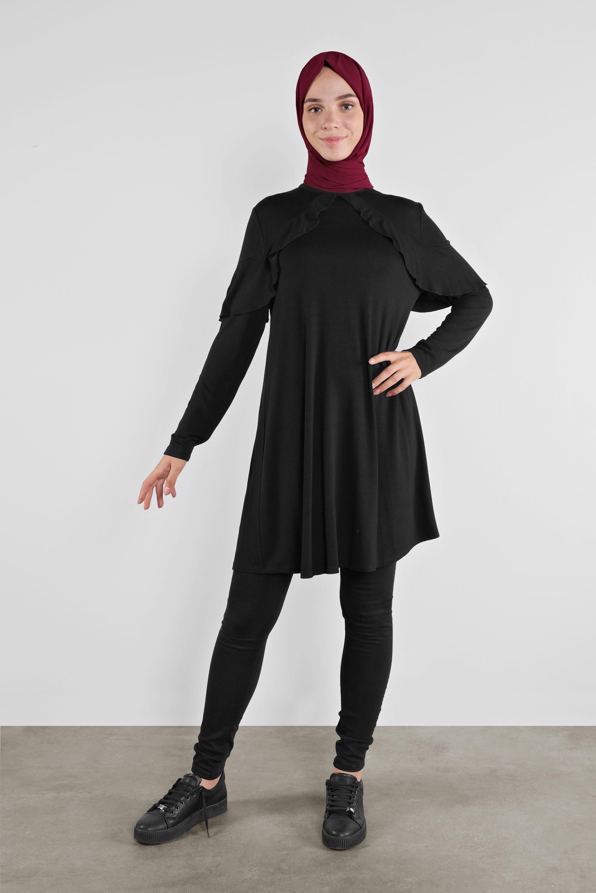 Tesettür giyim SİYAH YAKA KISMI VOLANLI TUNİK 41237