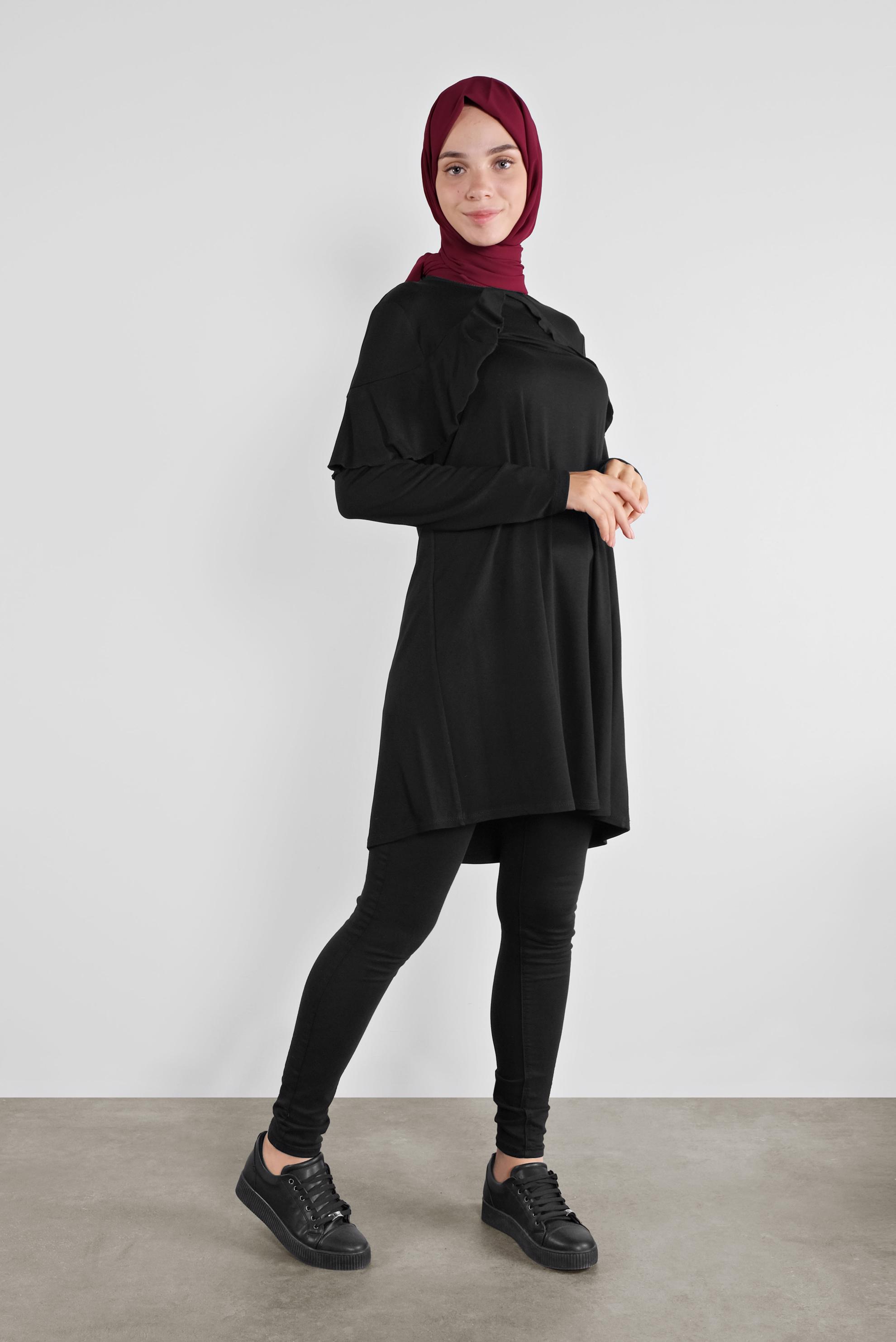 Tesettür giyim SİYAH YAKA KISMI VOLANLI TUNİK 41237