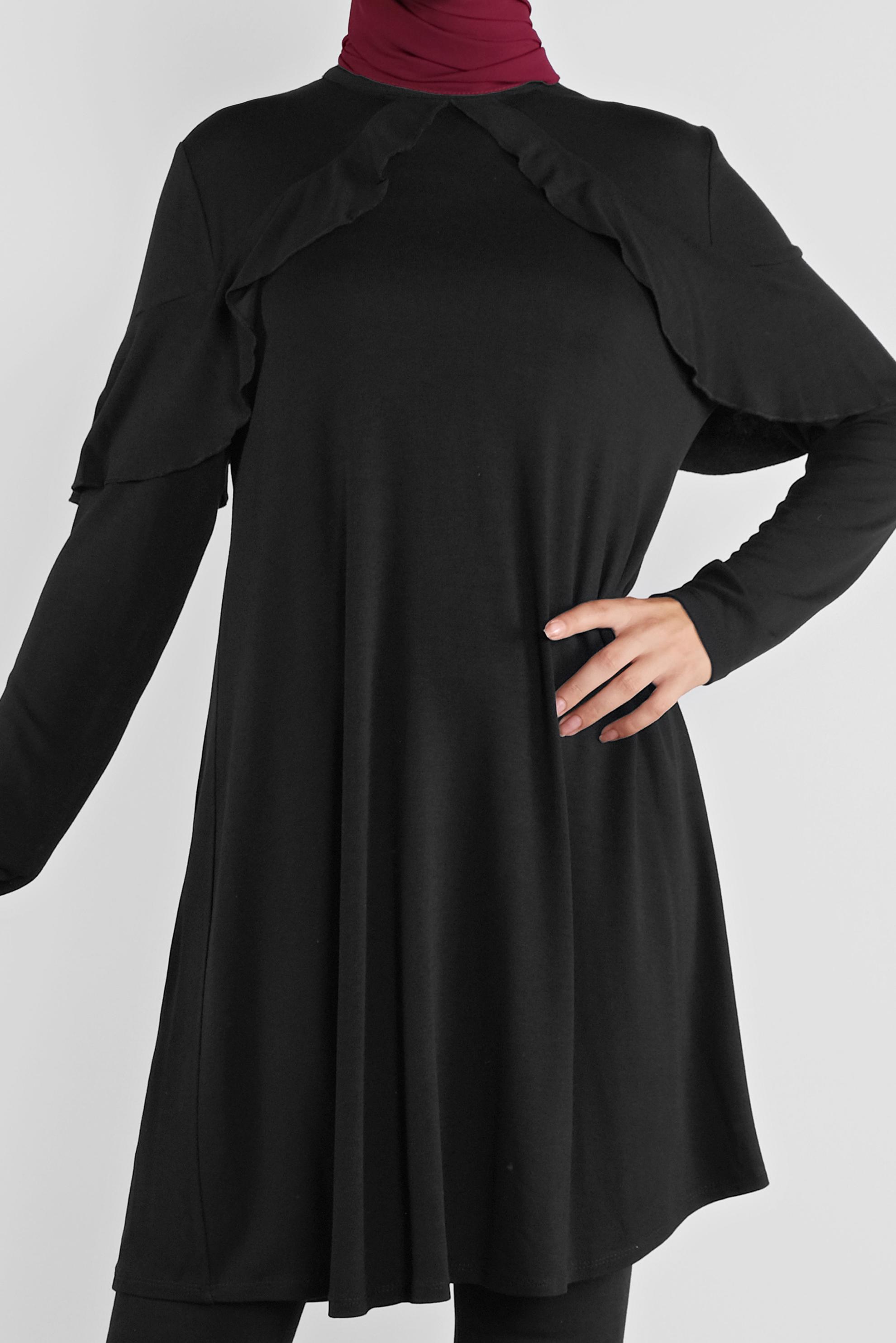 Tesettür giyim SİYAH YAKA KISMI VOLANLI TUNİK 41237