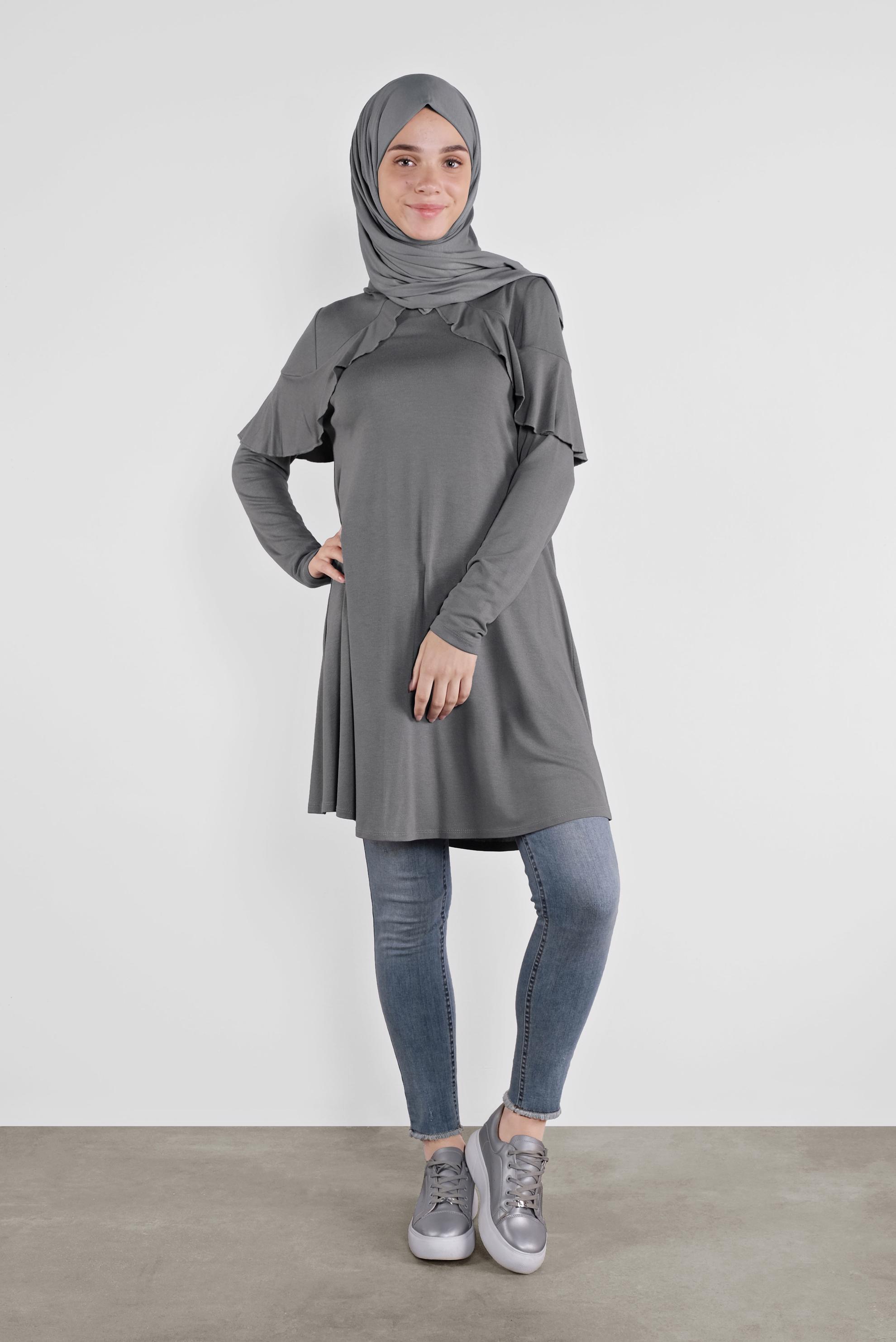 Tesettür giyim GRİ YAKA KISMI VOLANLI TUNİK 41237