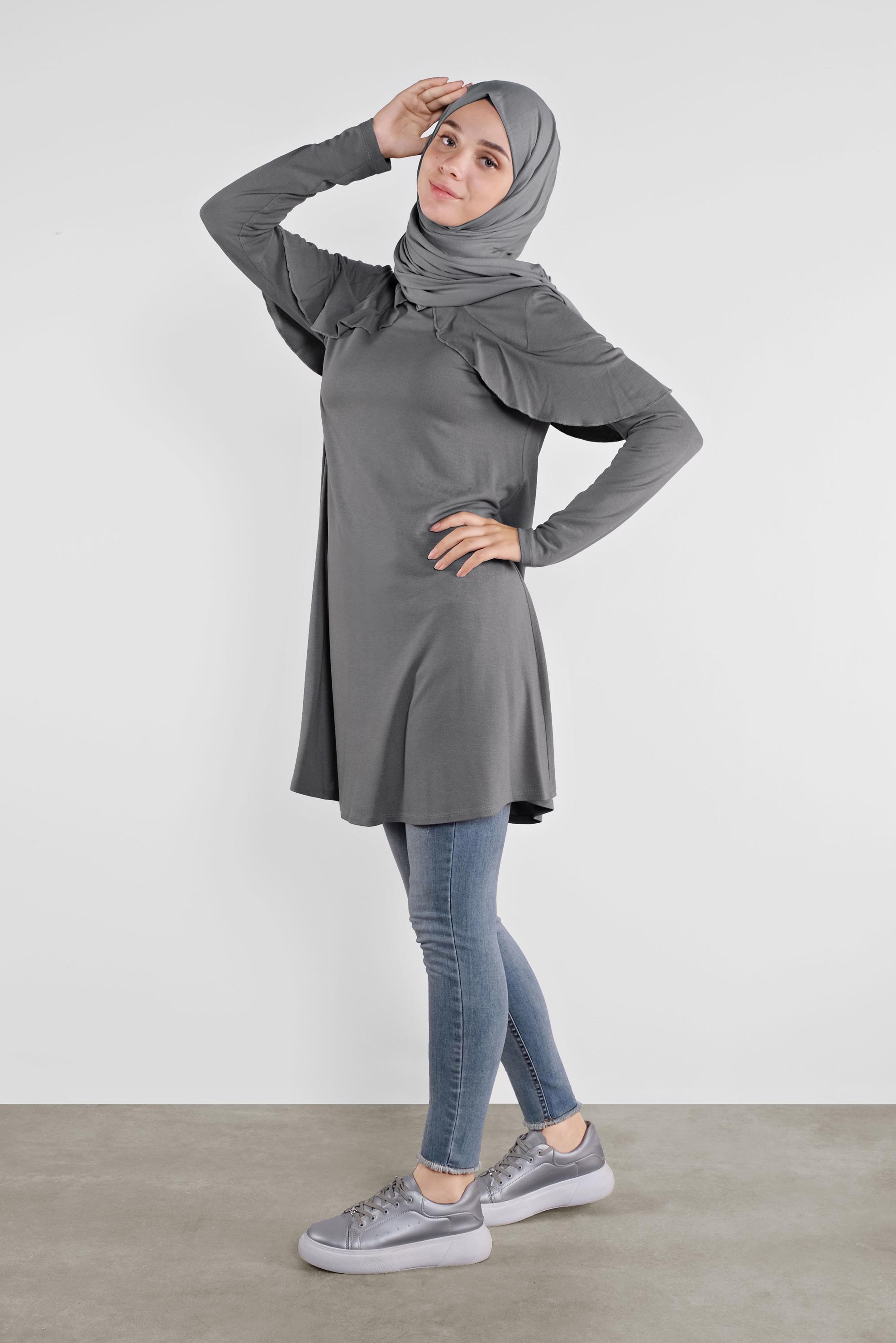 Tesettür giyim GRİ YAKA KISMI VOLANLI TUNİK 41237