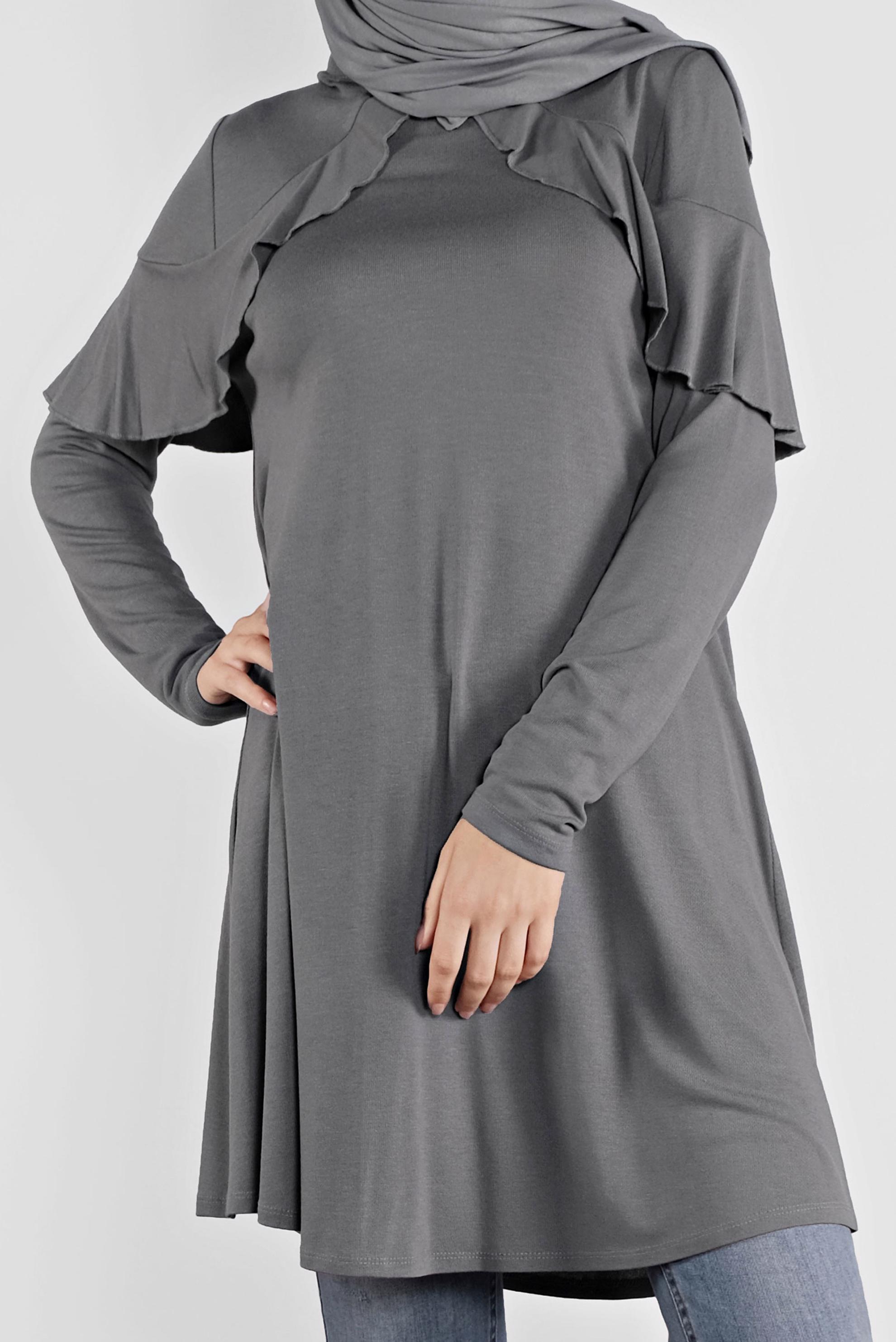 Tesettür giyim GRİ YAKA KISMI VOLANLI TUNİK 41237