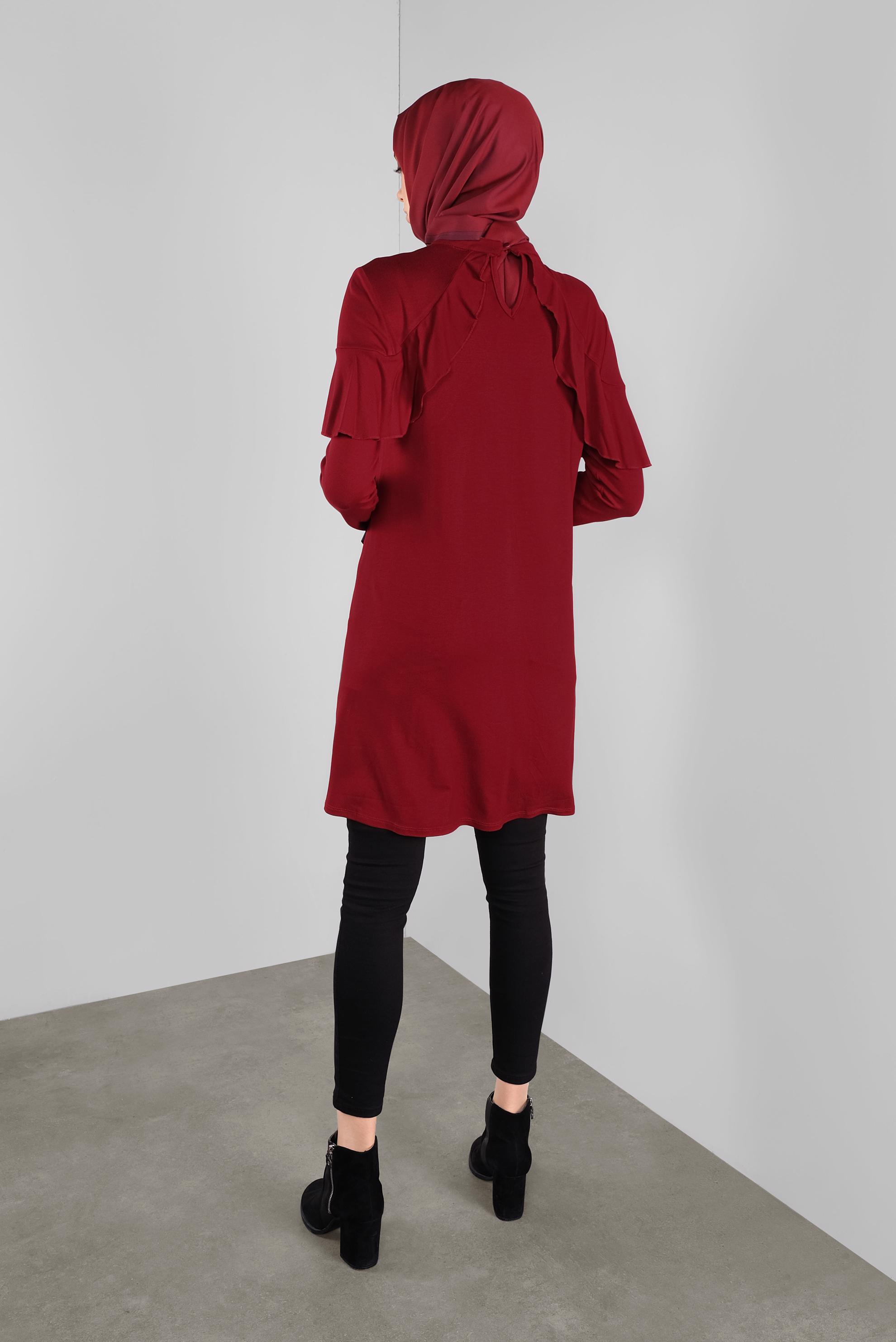 Tesettür giyim BORDO YAKA KISMI VOLANLI TUNİK 41237