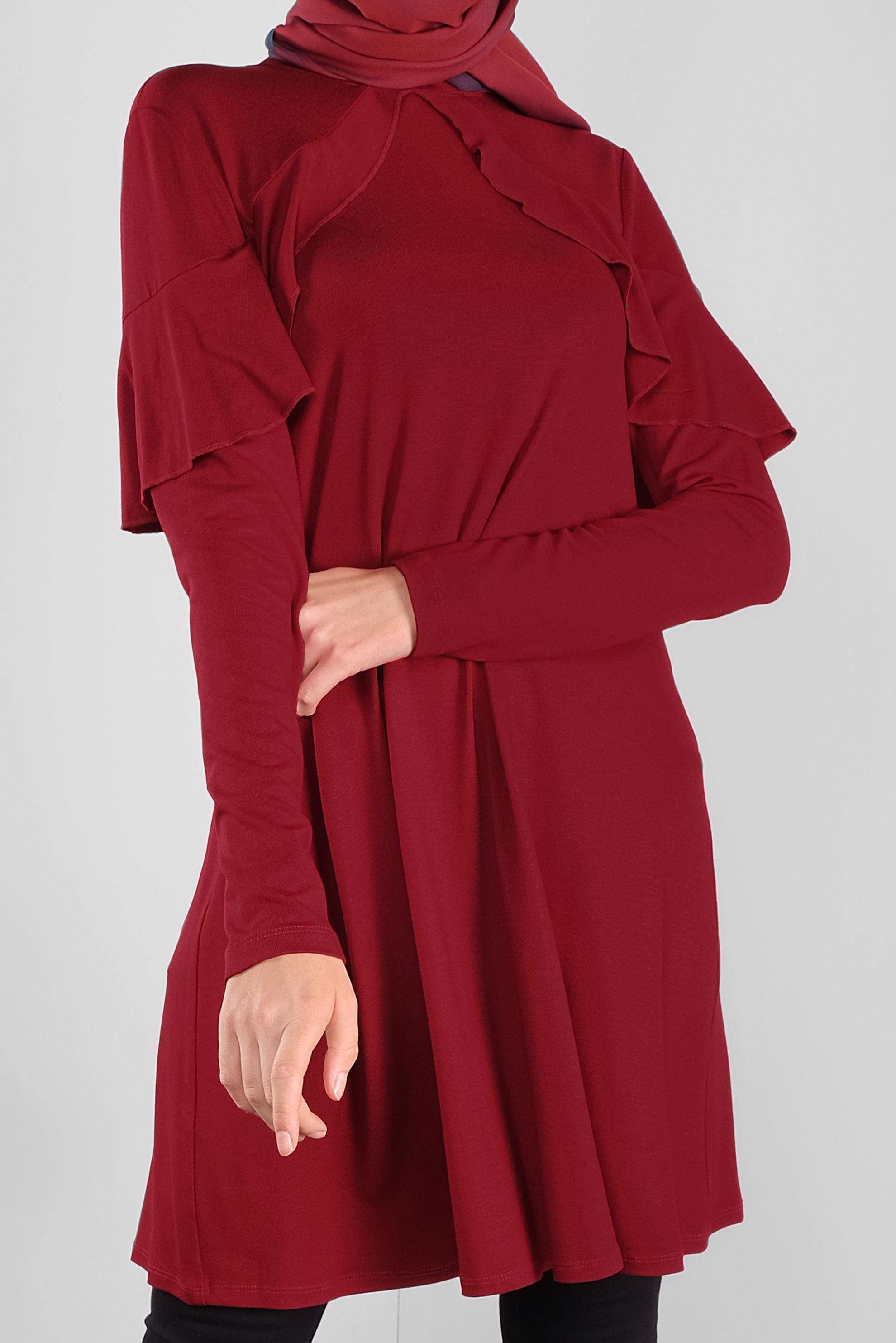 Tesettür giyim BORDO YAKA KISMI VOLANLI TUNİK 41237
