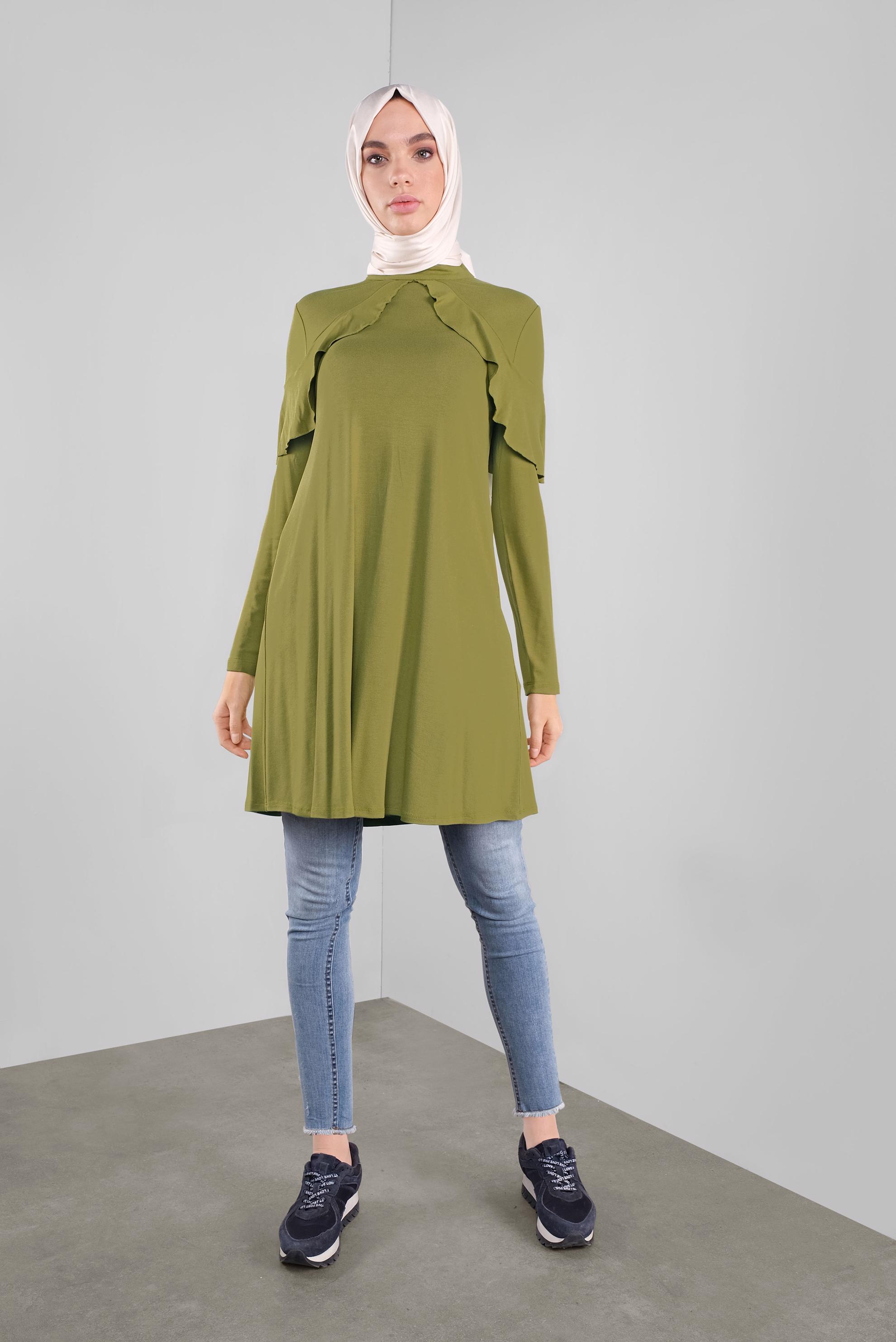 Tesettür giyim YEŞİL YAKA KISMI VOLANLI TUNİK 41237