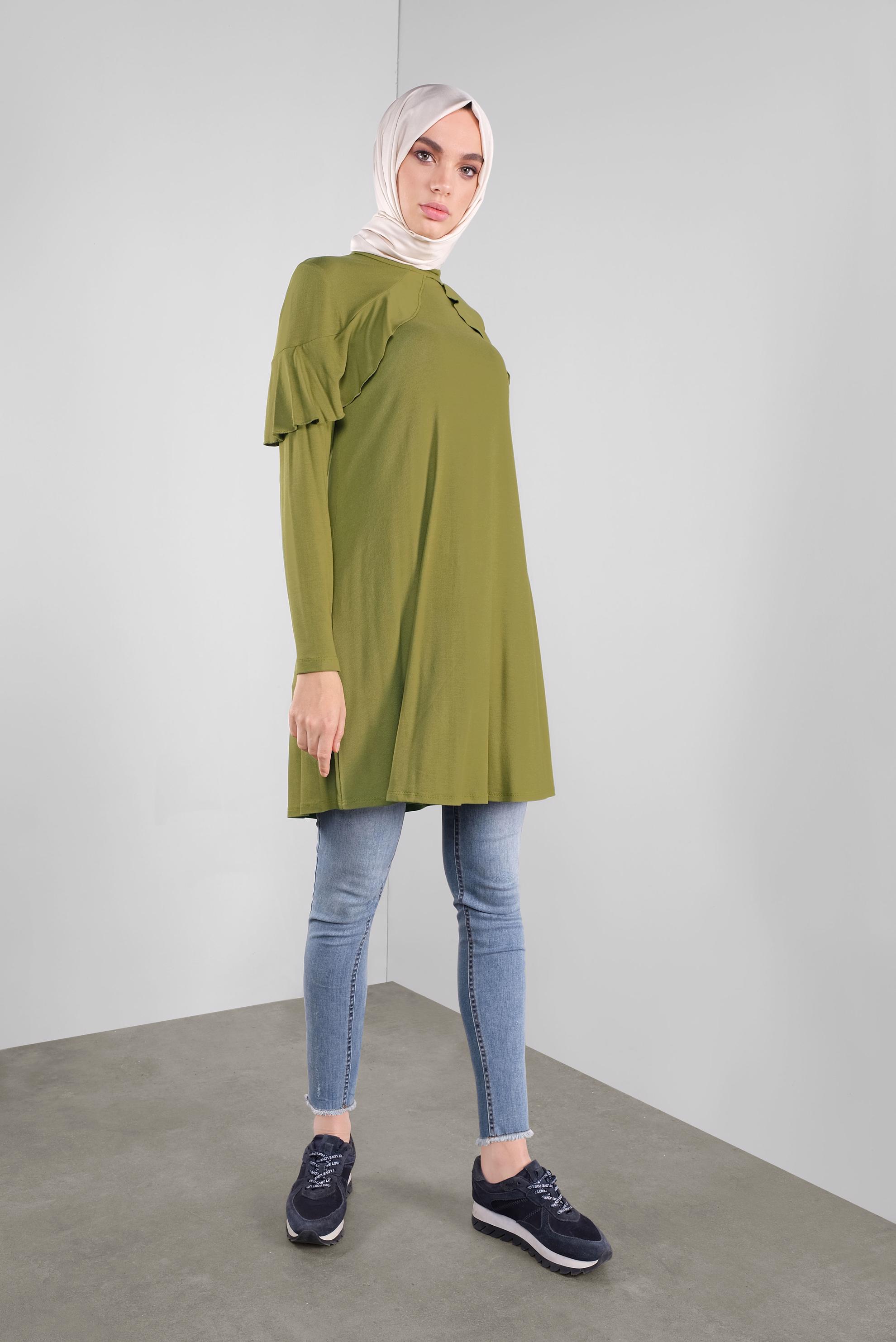 Tesettür giyim YEŞİL YAKA KISMI VOLANLI TUNİK 41237