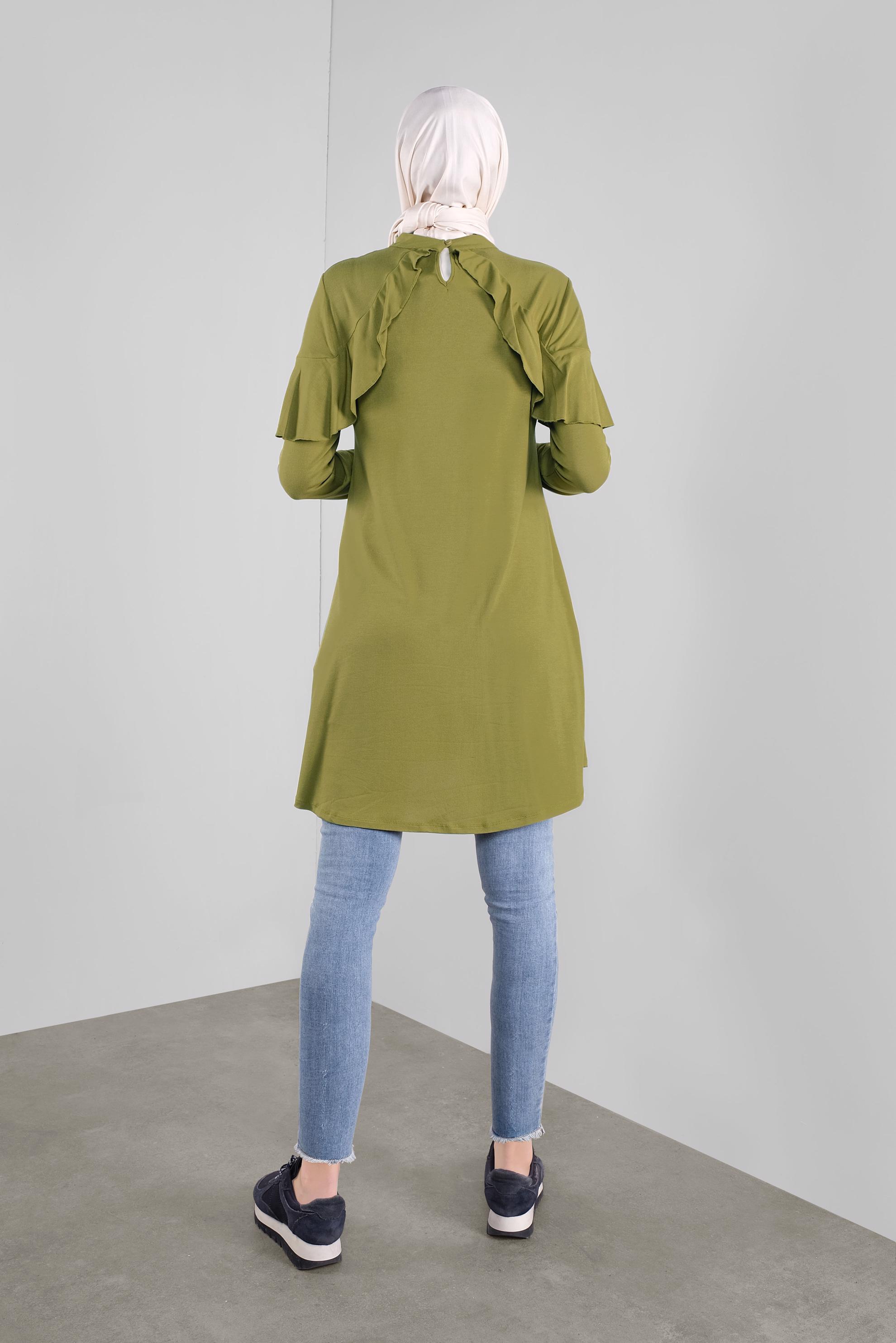 Tesettür giyim YEŞİL YAKA KISMI VOLANLI TUNİK 41237