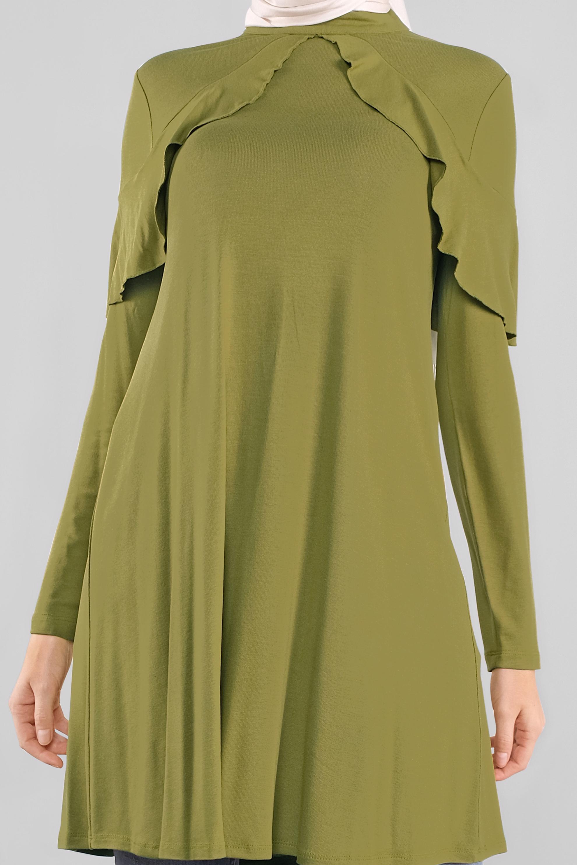 Tesettür giyim YEŞİL YAKA KISMI VOLANLI TUNİK 41237