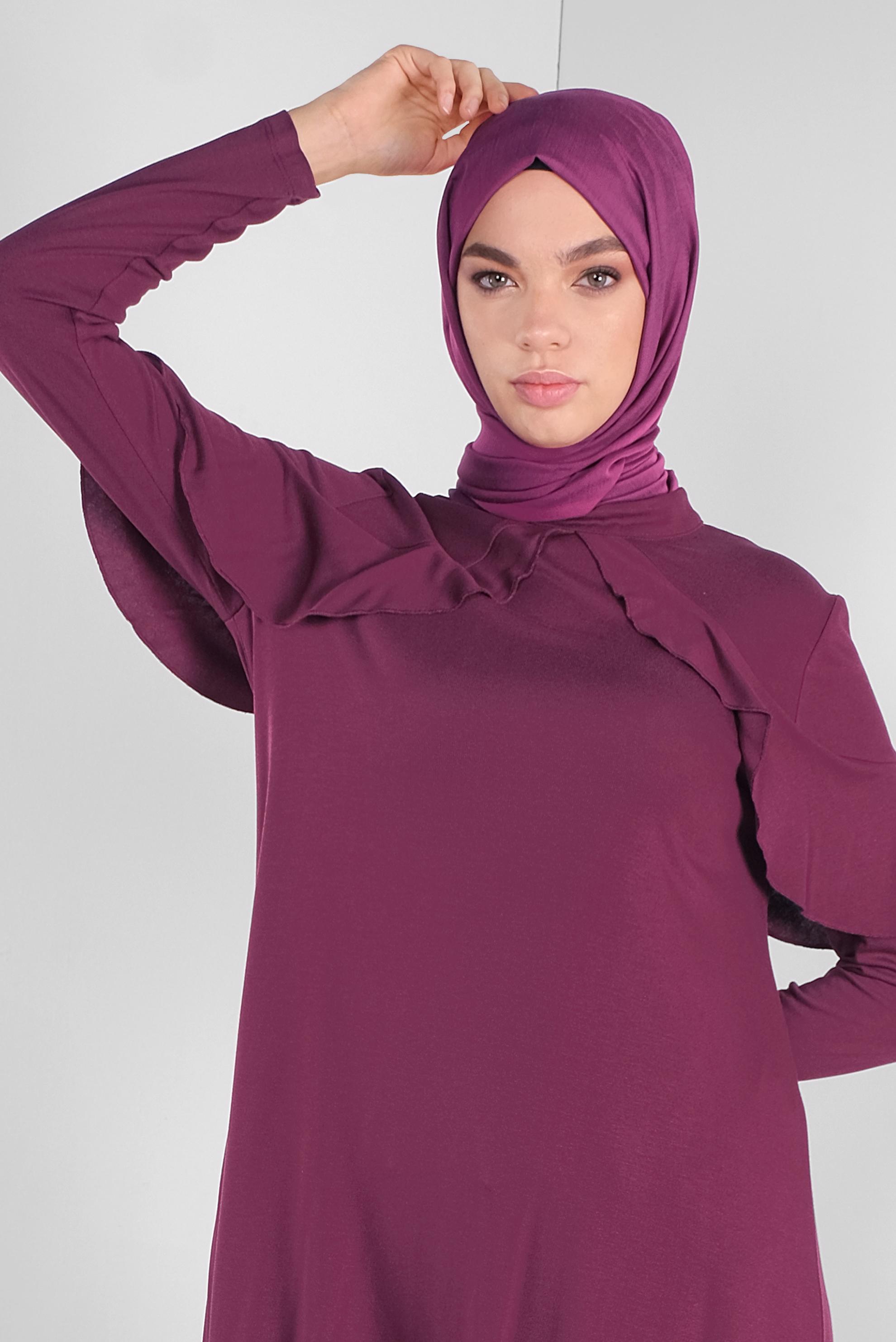 Tesettür giyim FUŞYA YAKA KISMI VOLANLI TUNİK 41237