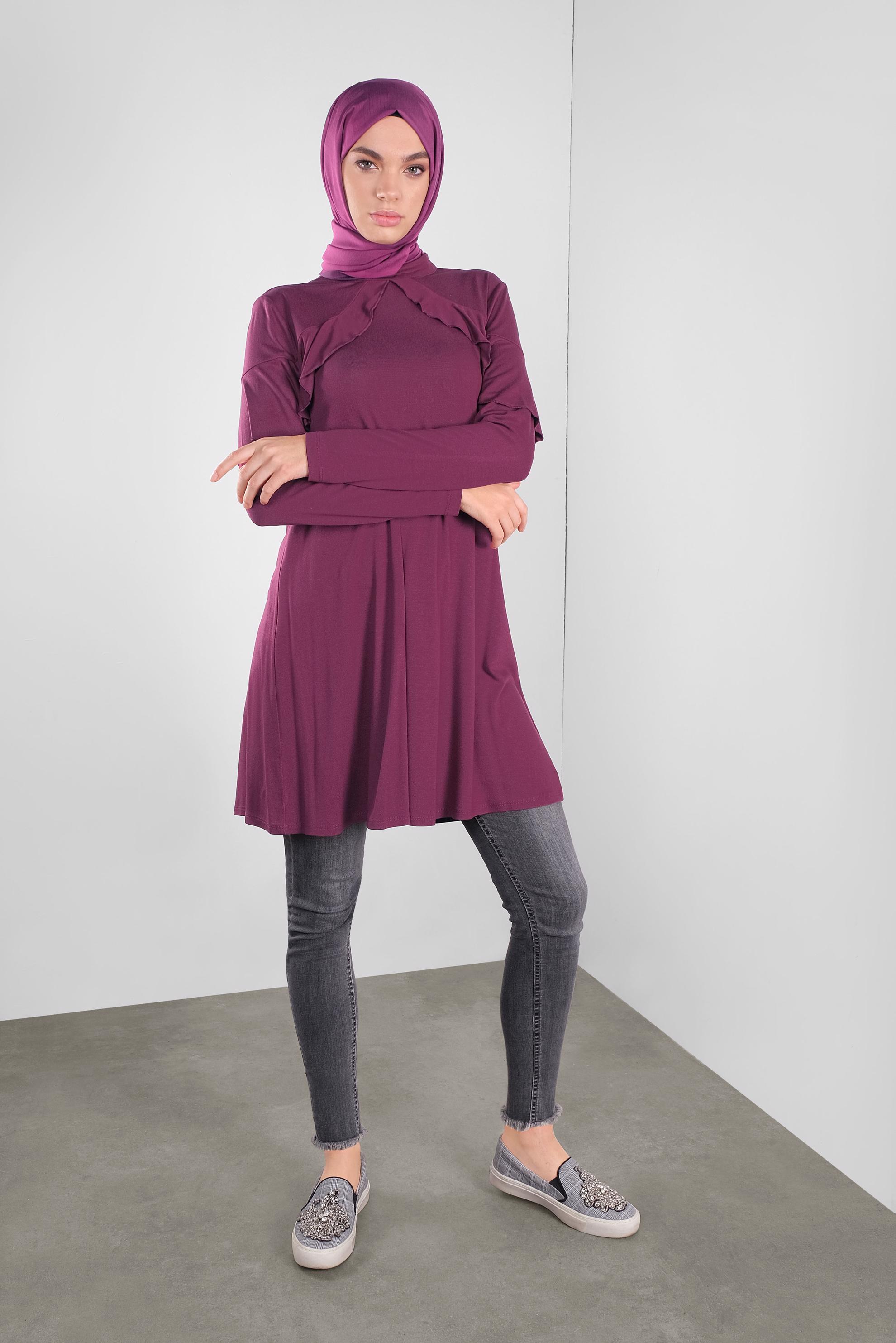 Tesettür giyim FUŞYA YAKA KISMI VOLANLI TUNİK 41237