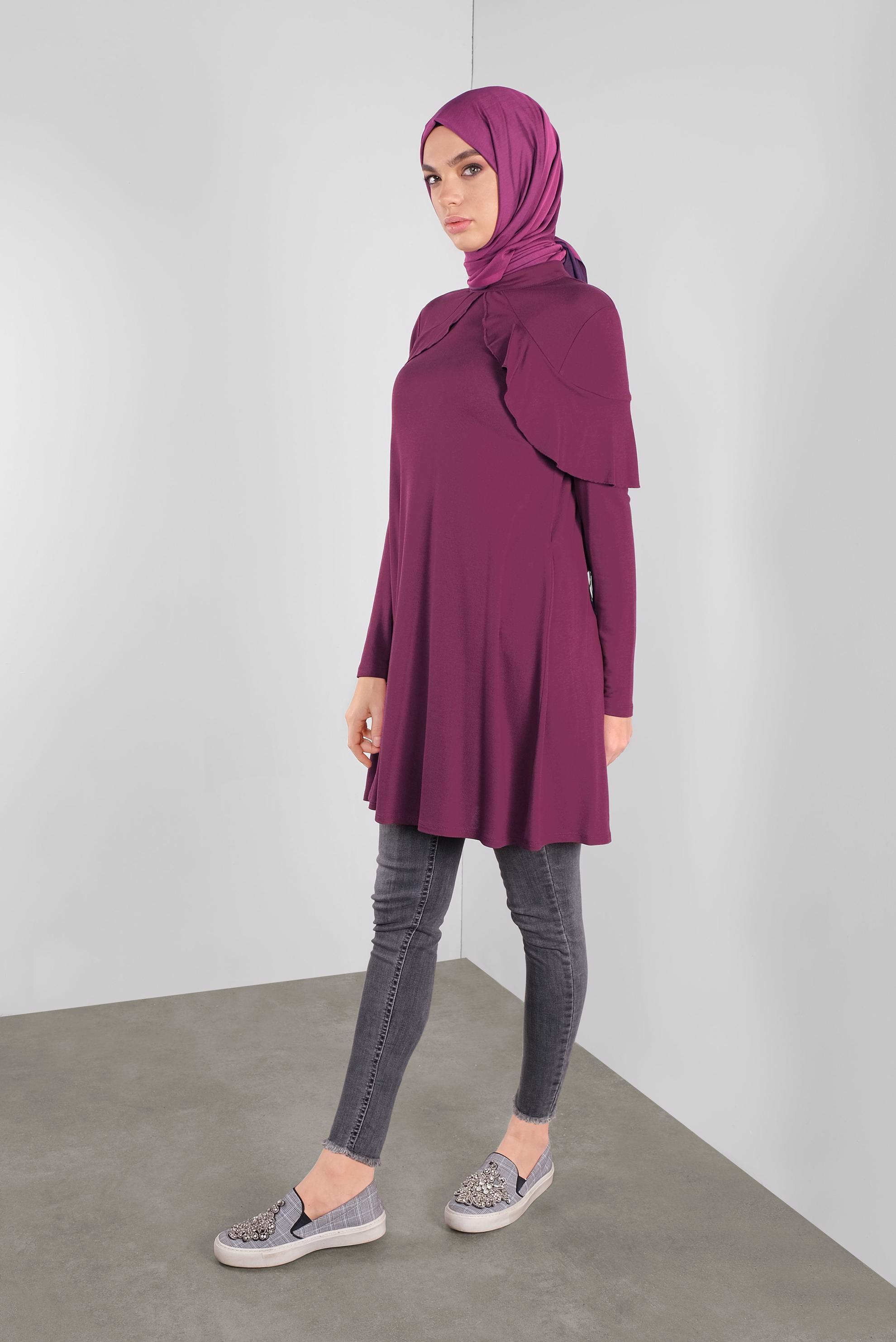 Tesettür giyim FUŞYA YAKA KISMI VOLANLI TUNİK 41237
