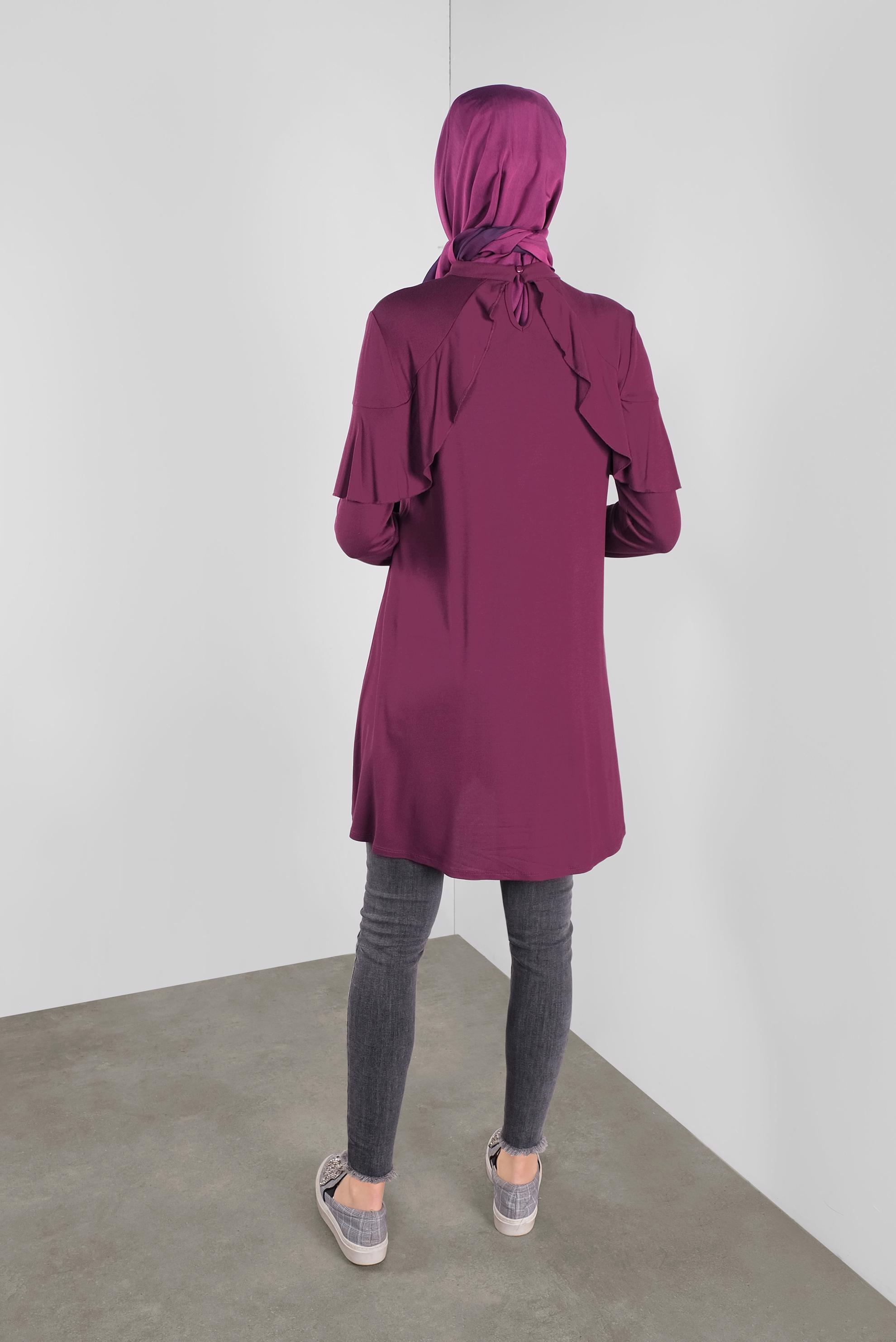 Tesettür giyim FUŞYA YAKA KISMI VOLANLI TUNİK 41237