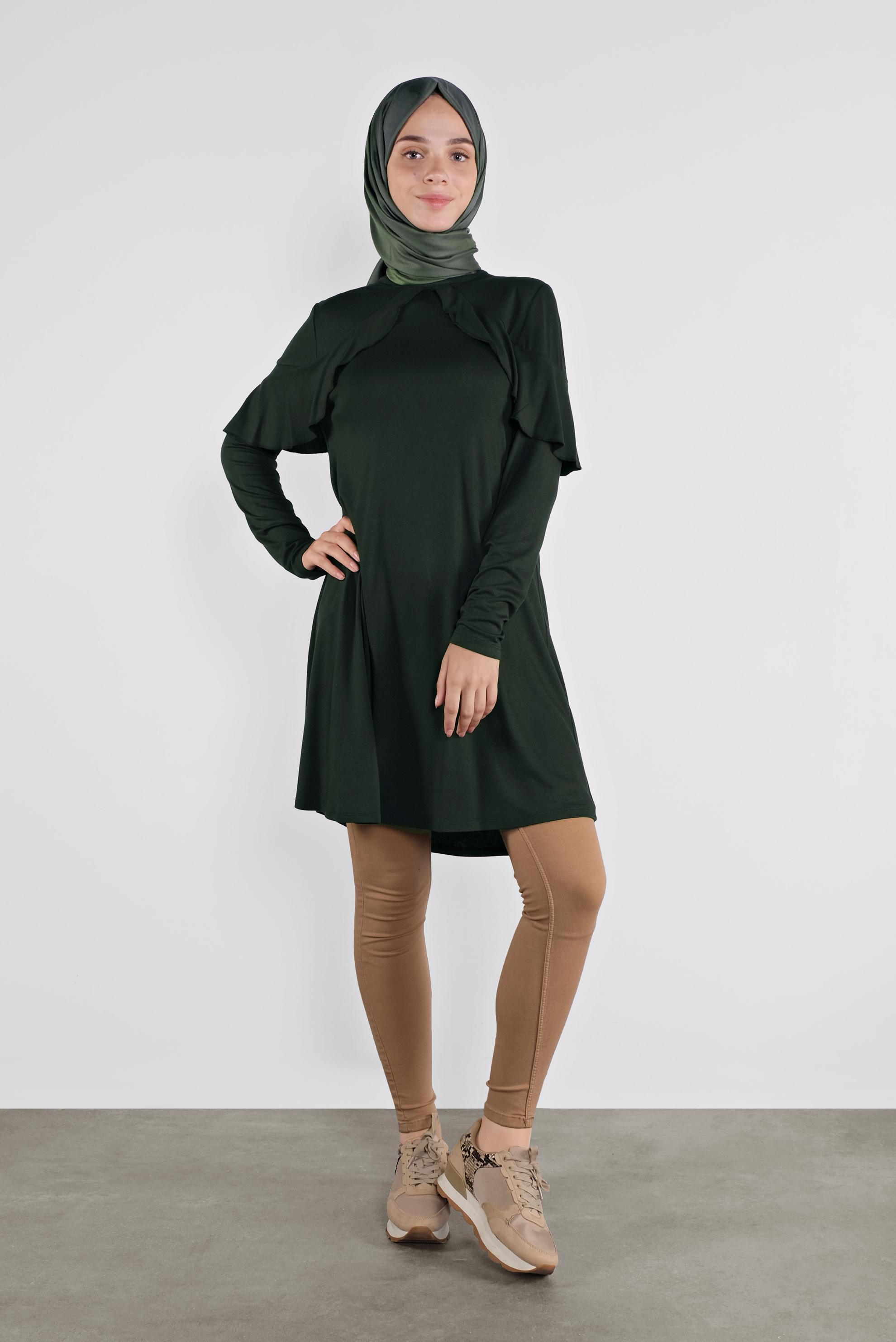 Tesettür giyim HAKİ YAKA KISMI VOLANLI TUNİK 41237