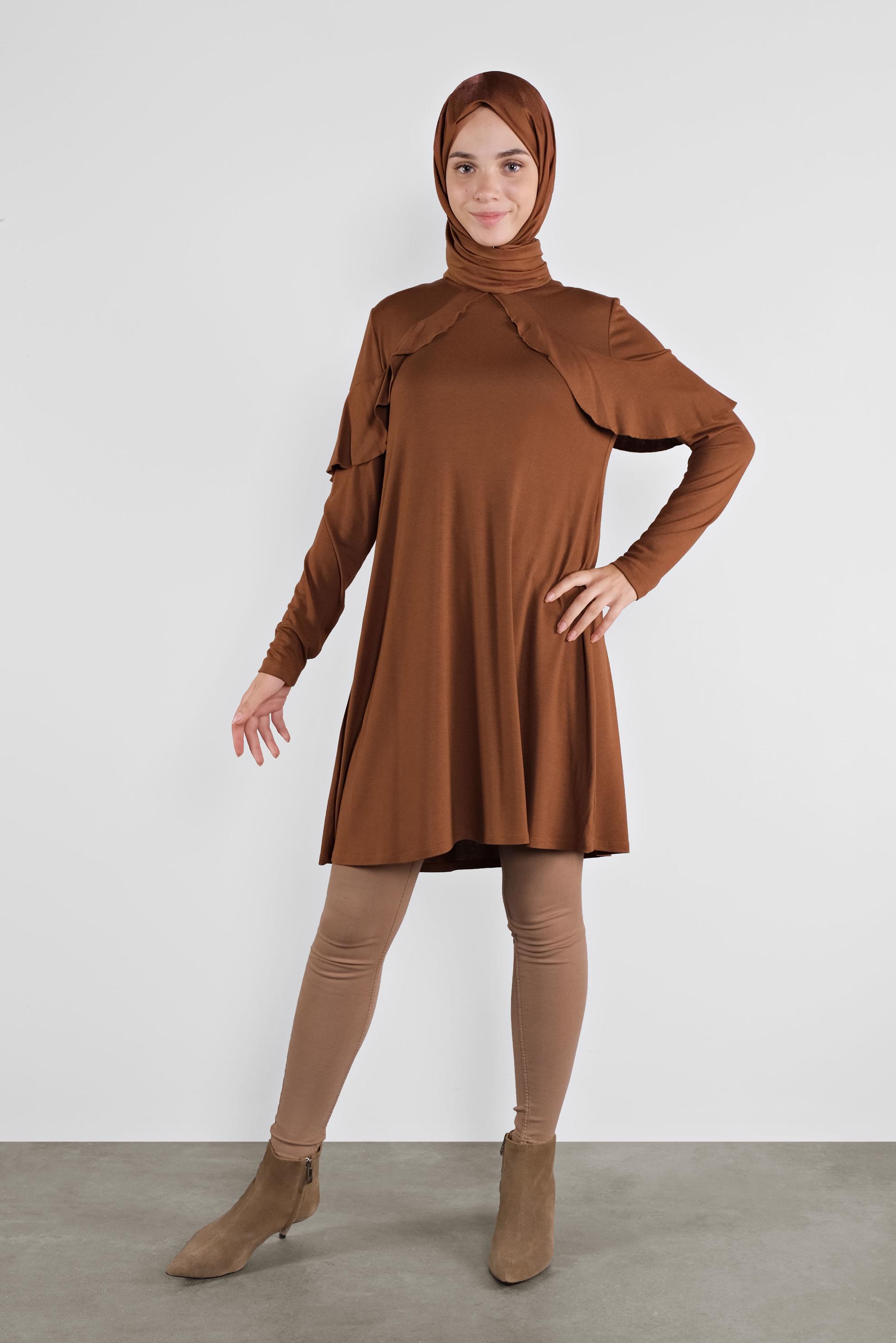 Tesettür giyim KAHVE YAKA KISMI VOLANLI TUNİK 41237