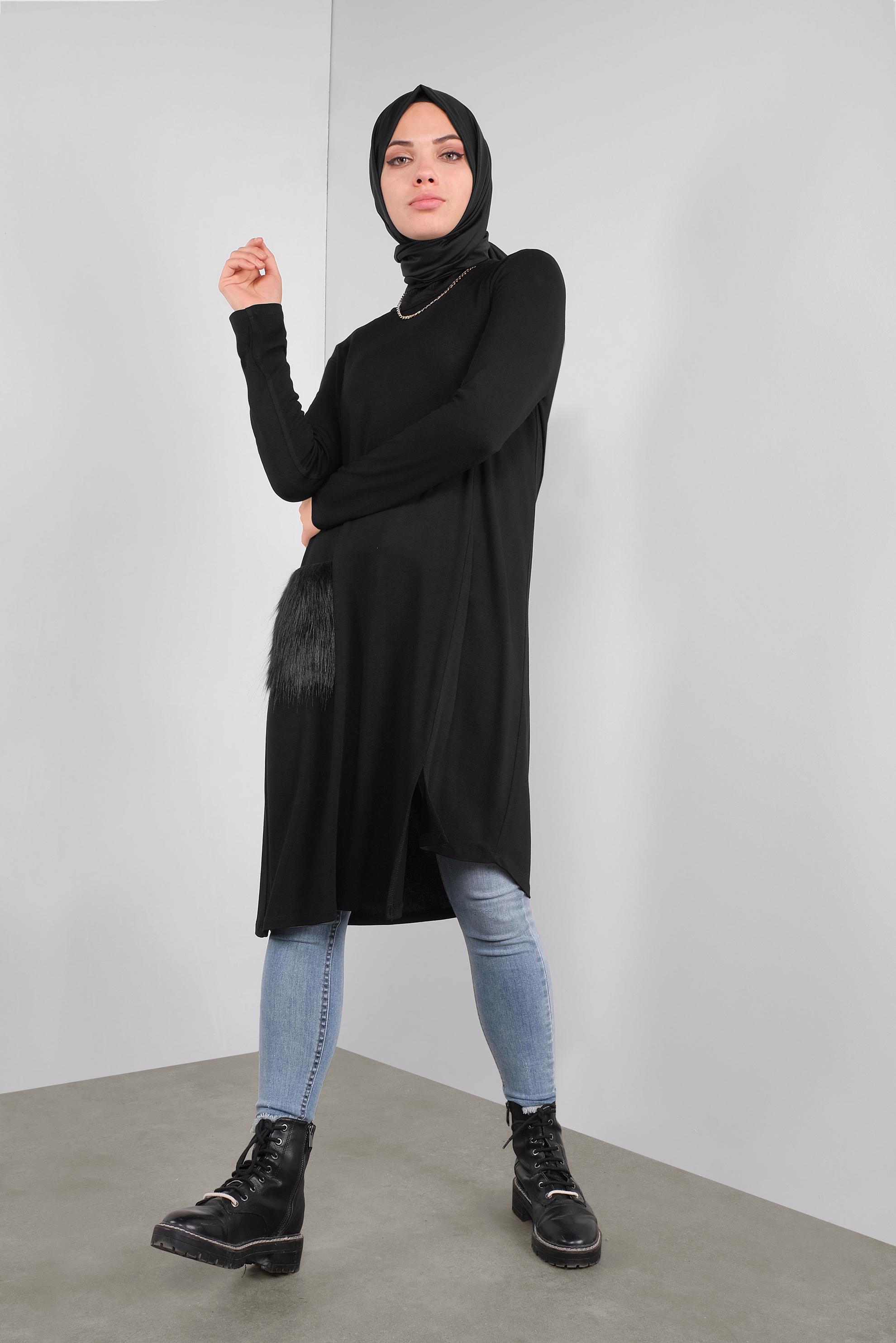 Tesettür giyim SİYAH CEPLERİ KÜRKLÜ TUNİK 41238
