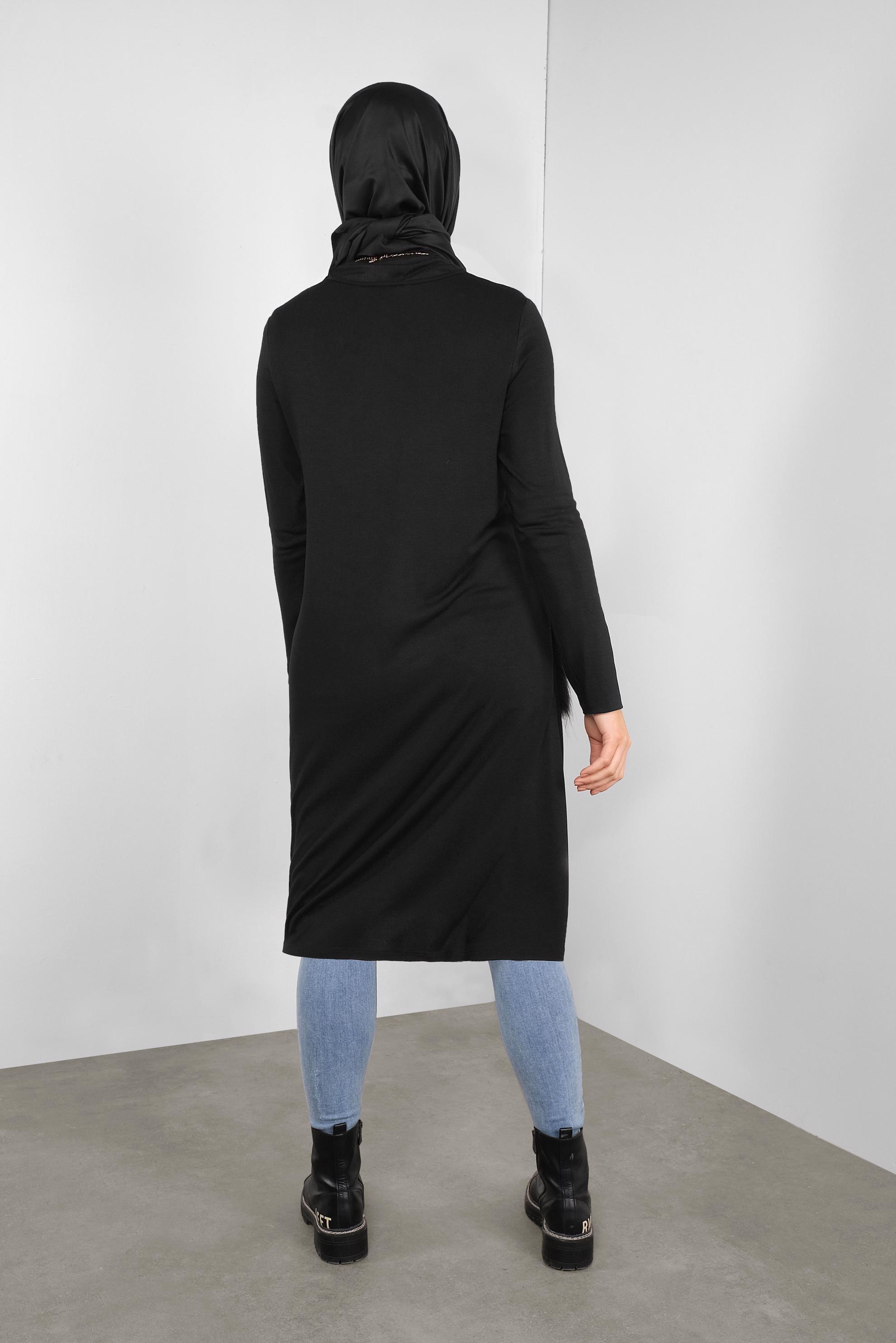 Tesettür giyim SİYAH CEPLERİ KÜRKLÜ TUNİK 41238