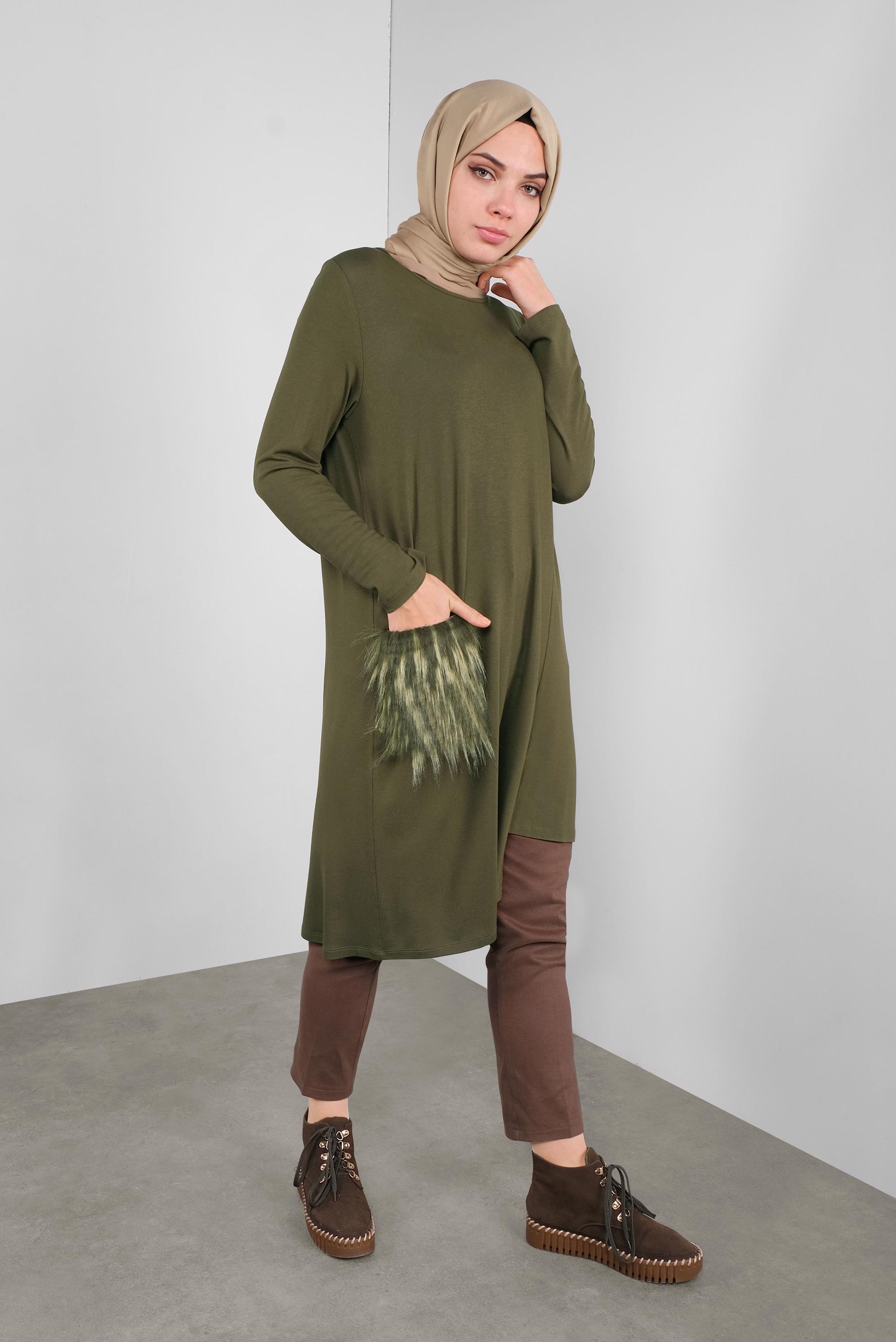 Tesettür giyim HAKİ CEPLERİ KÜRKLÜ TUNİK 41238