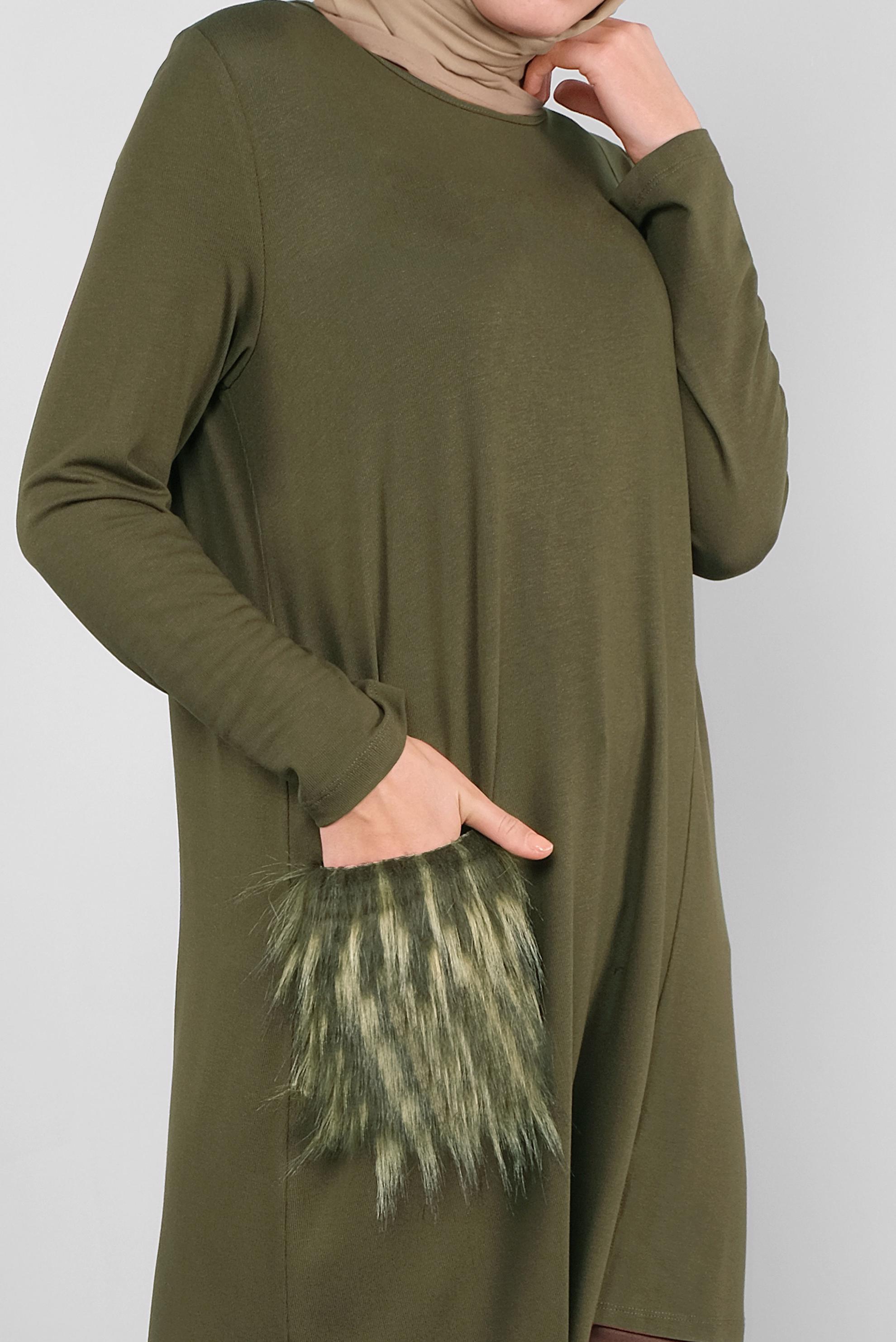 Tesettür giyim HAKİ CEPLERİ KÜRKLÜ TUNİK 41238