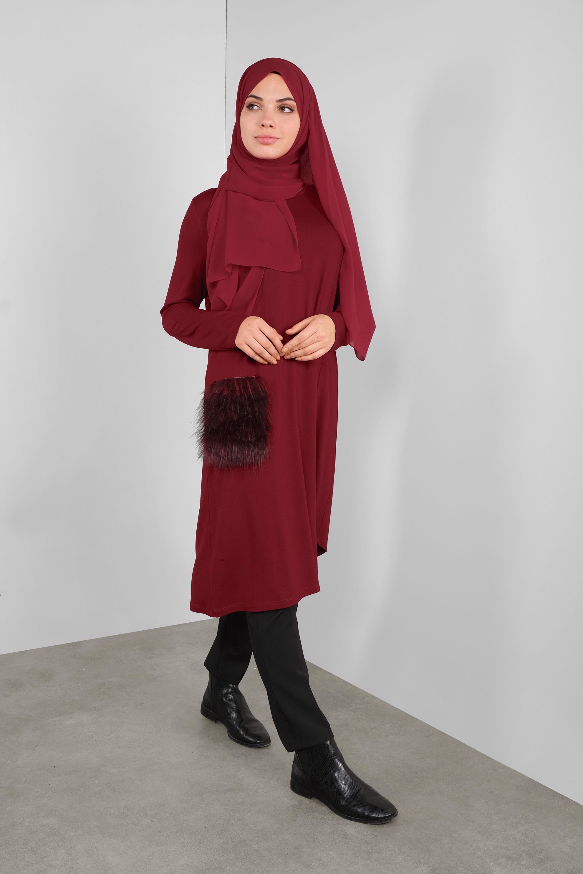 Tesettür giyim BORDO CEPLERİ KÜRKLÜ TUNİK 41238