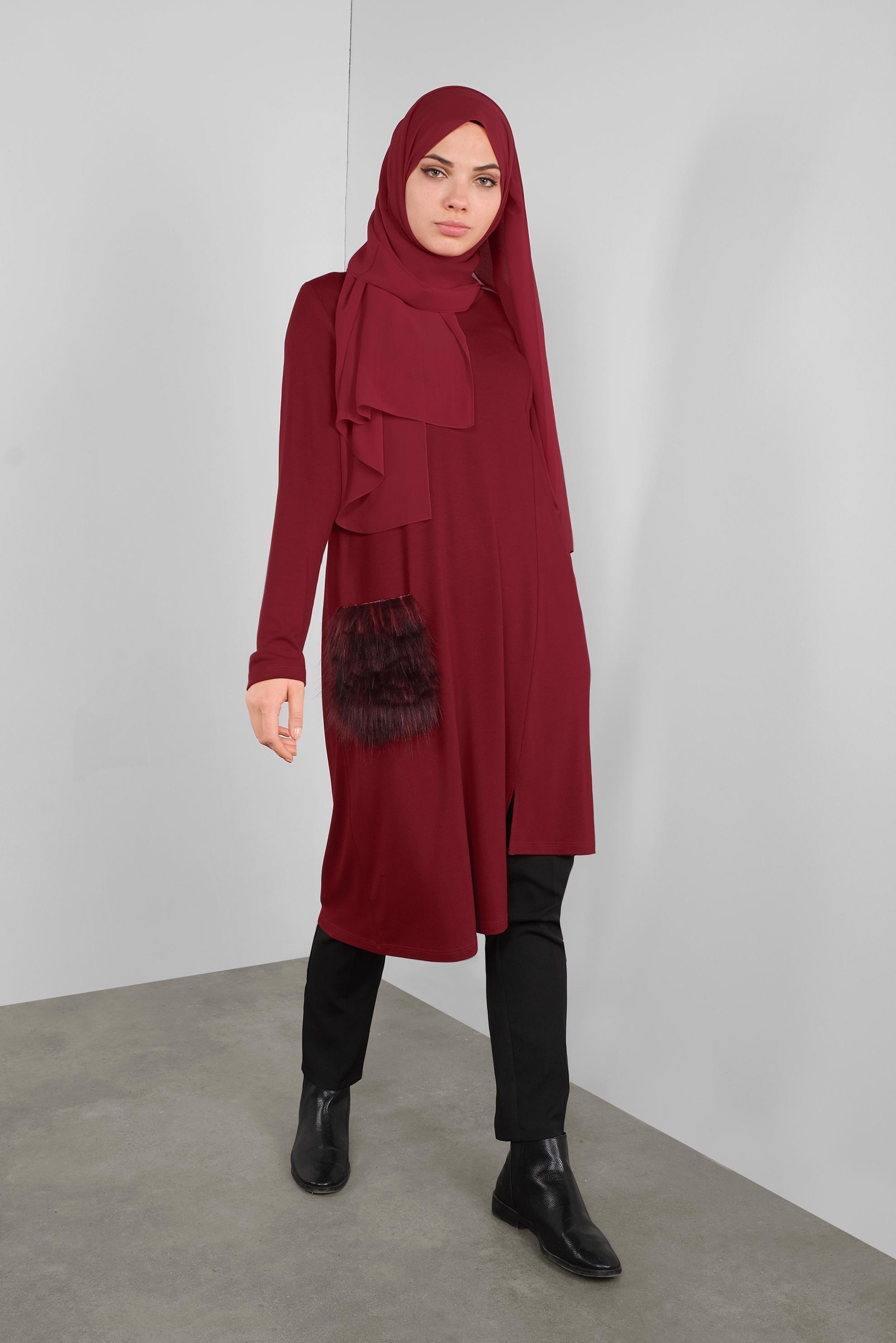 Tesettür giyim BORDO CEPLERİ KÜRKLÜ TUNİK 41238