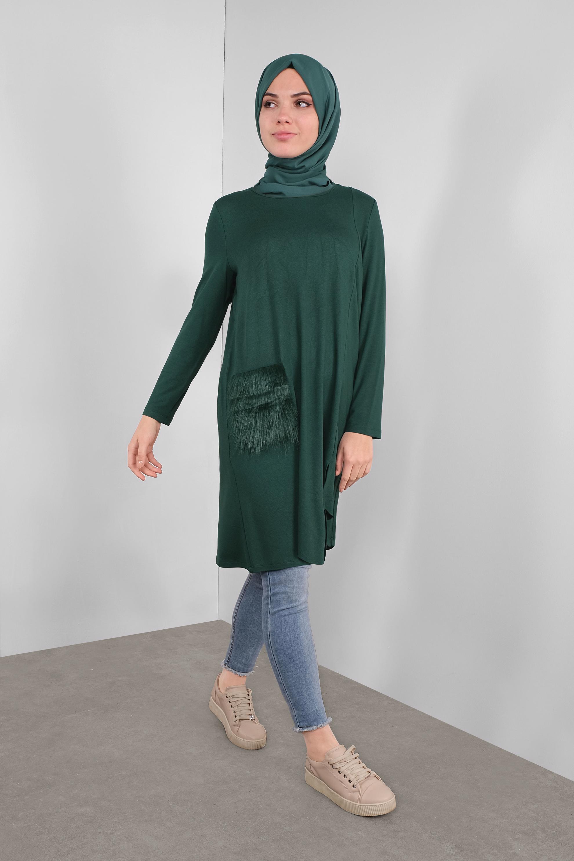 Tesettür giyim MAVİ CEPLERİ KÜRKLÜ TUNİK 41238