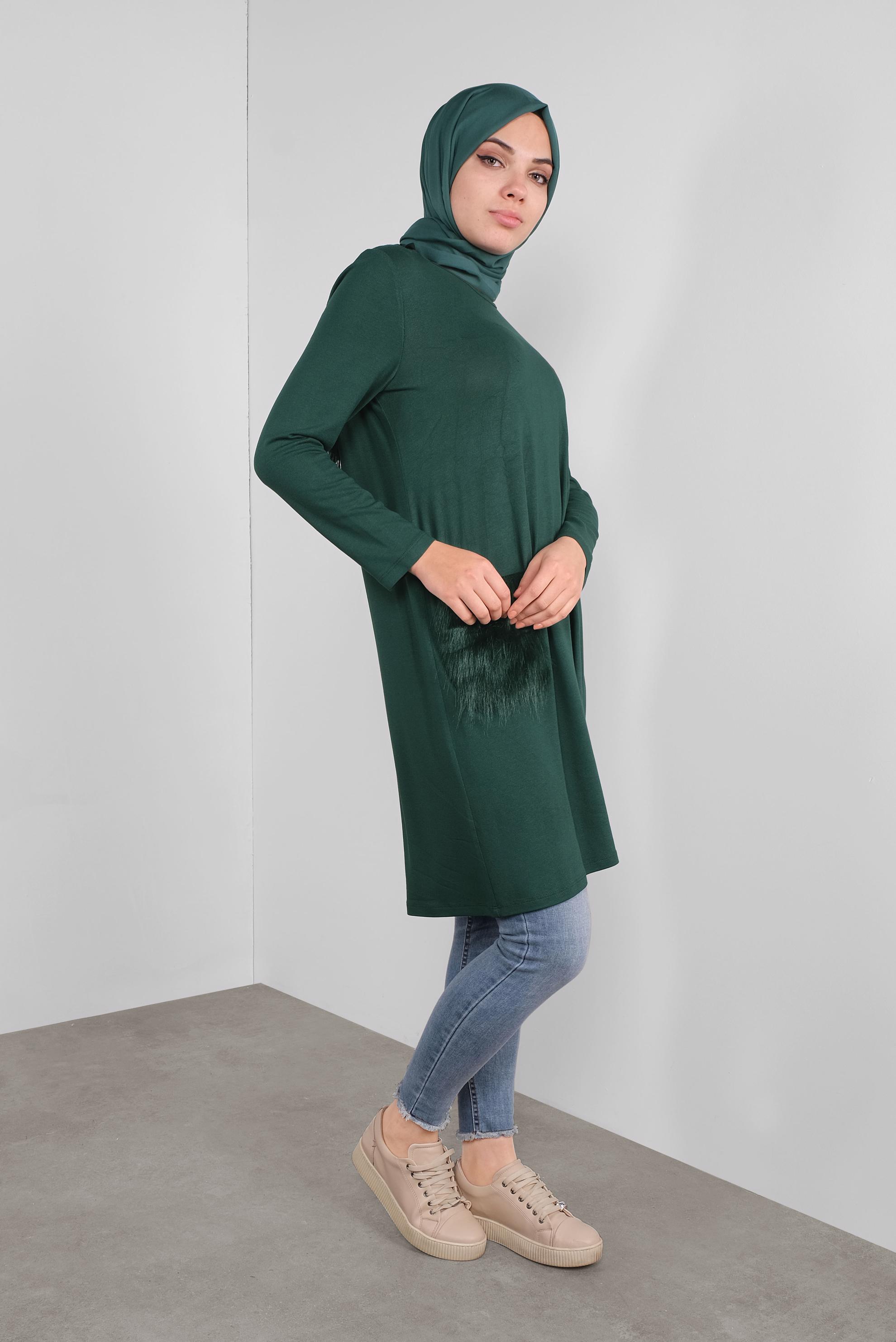 Tesettür giyim MAVİ CEPLERİ KÜRKLÜ TUNİK 41238