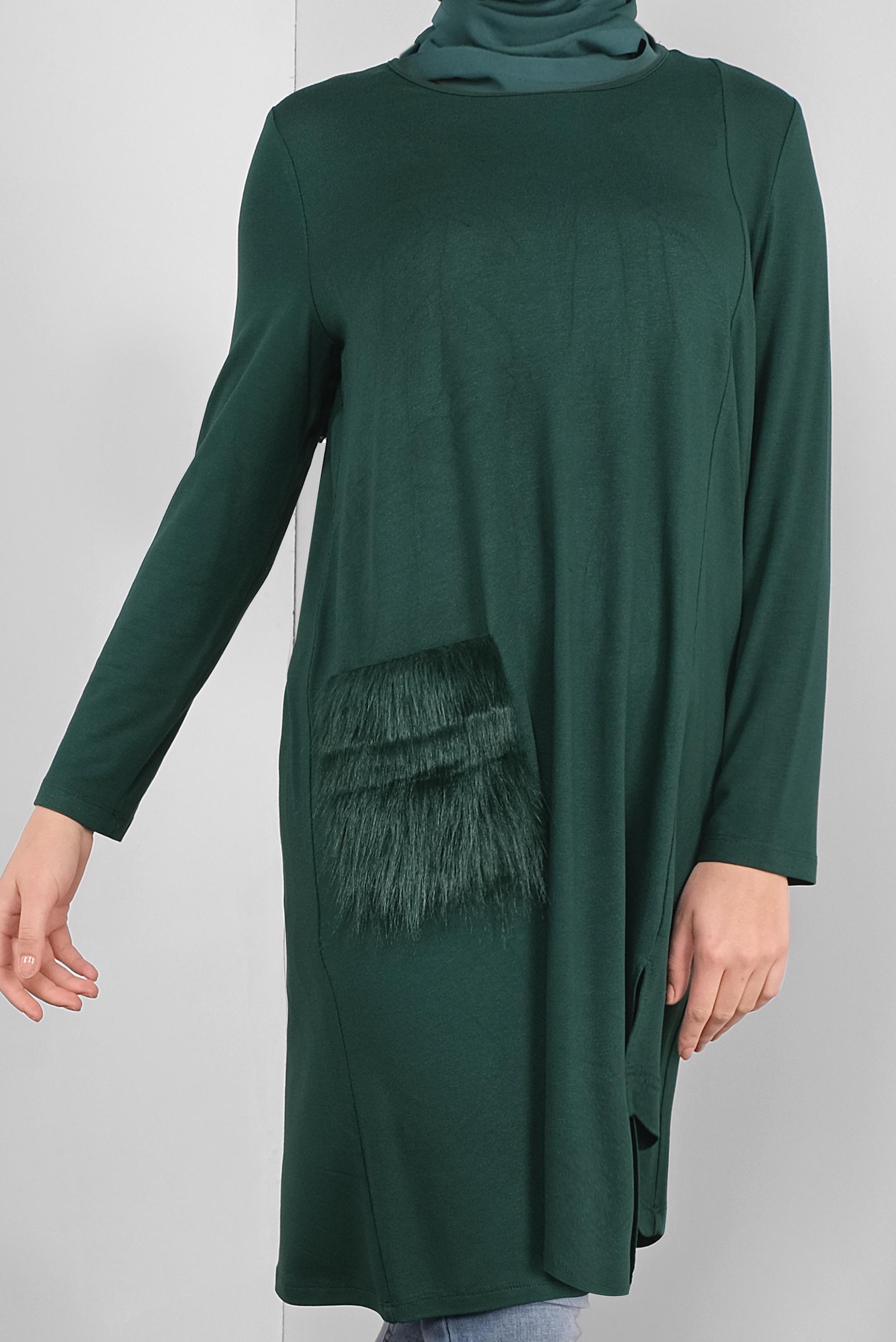 Tesettür giyim MAVİ CEPLERİ KÜRKLÜ TUNİK 41238