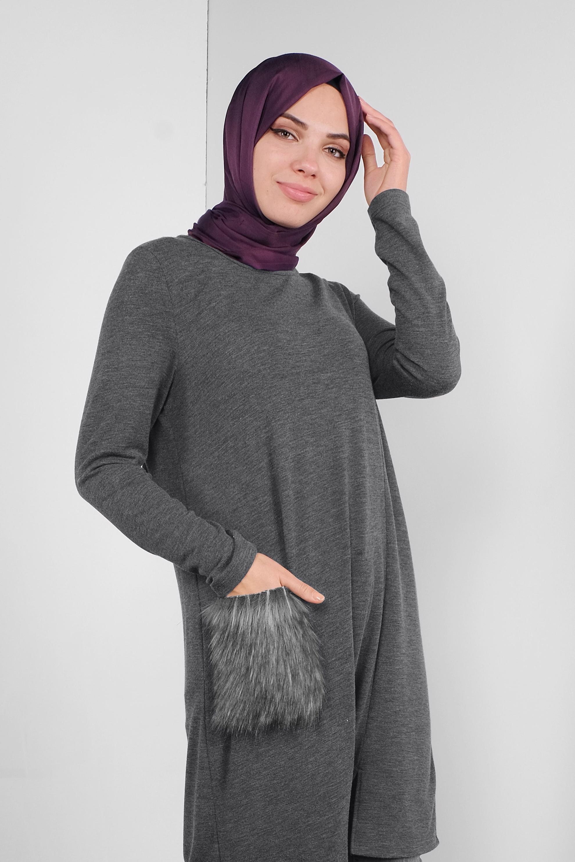 Tesettür giyim GRİ CEPLERİ KÜRKLÜ TUNİK 41238