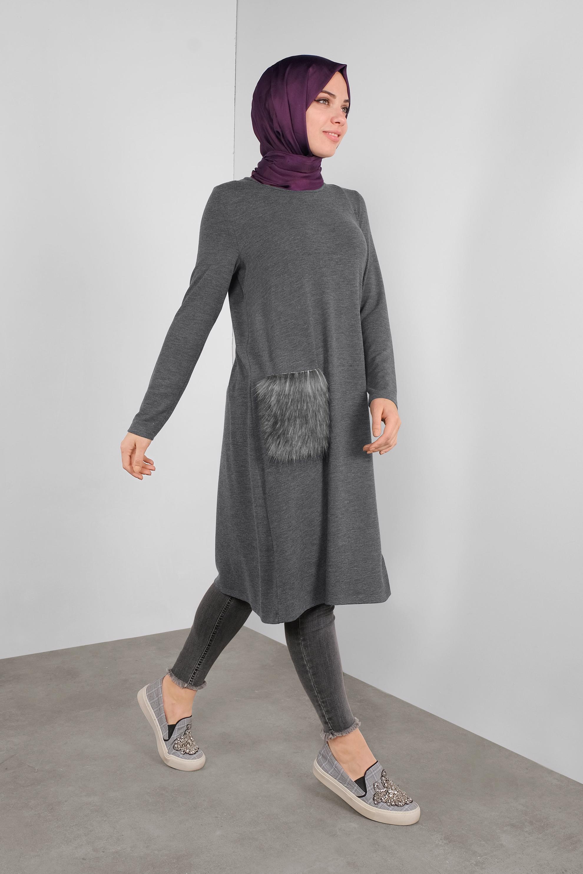 Tesettür giyim GRİ CEPLERİ KÜRKLÜ TUNİK 41238