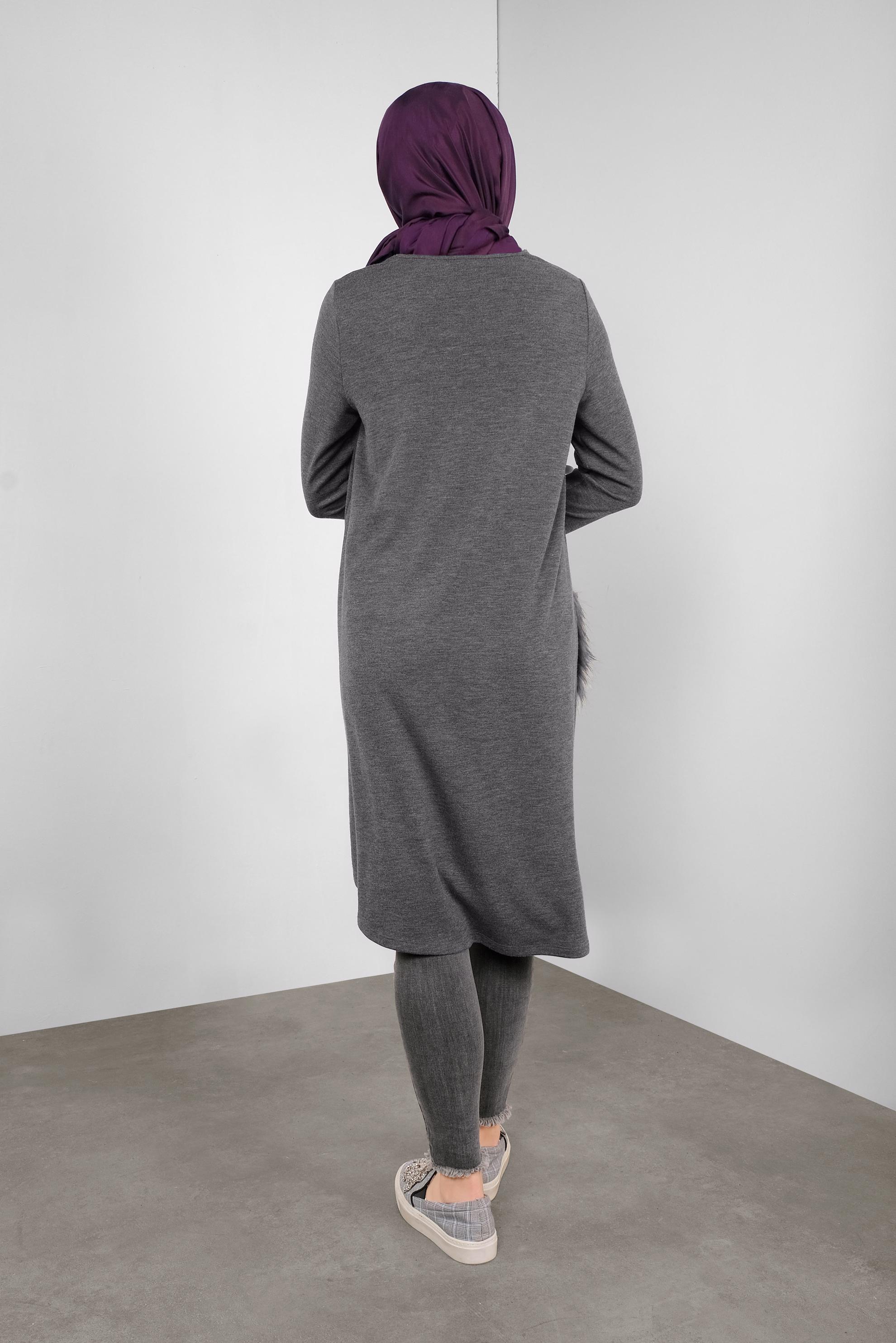 Tesettür giyim GRİ CEPLERİ KÜRKLÜ TUNİK 41238