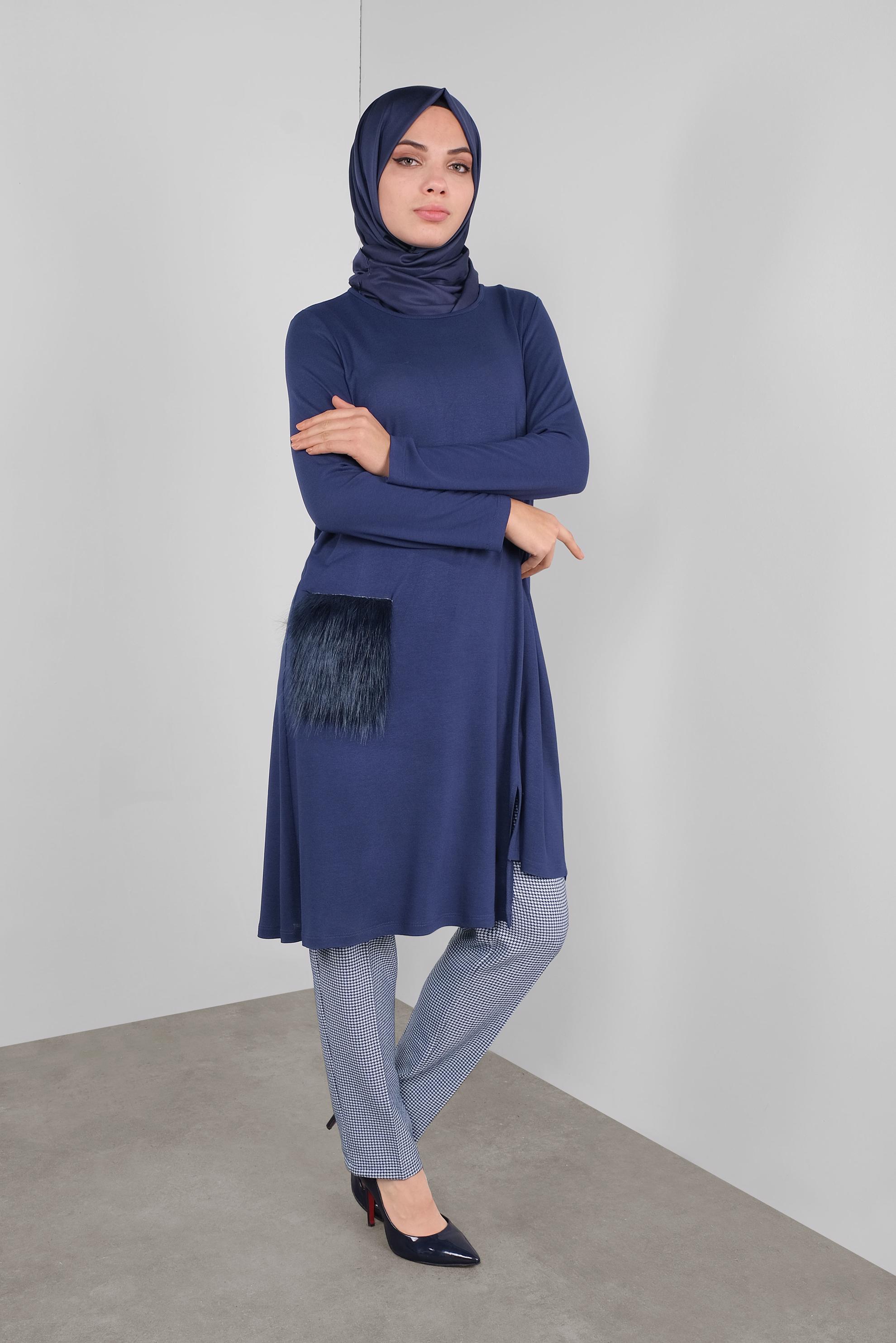 Tesettür giyim MAVİ CEPLERİ KÜRKLÜ TUNİK 41238