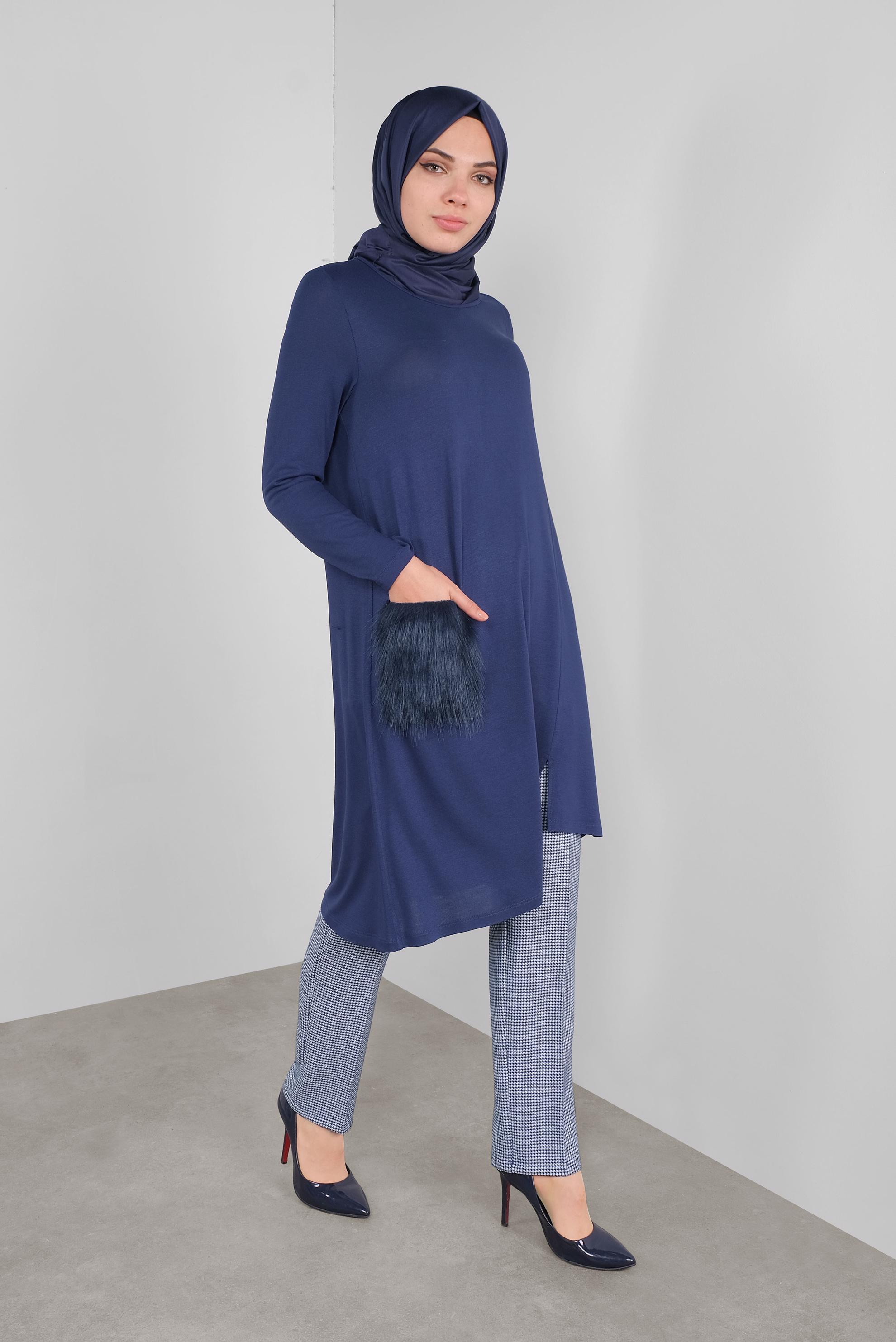 Tesettür giyim MAVİ CEPLERİ KÜRKLÜ TUNİK 41238