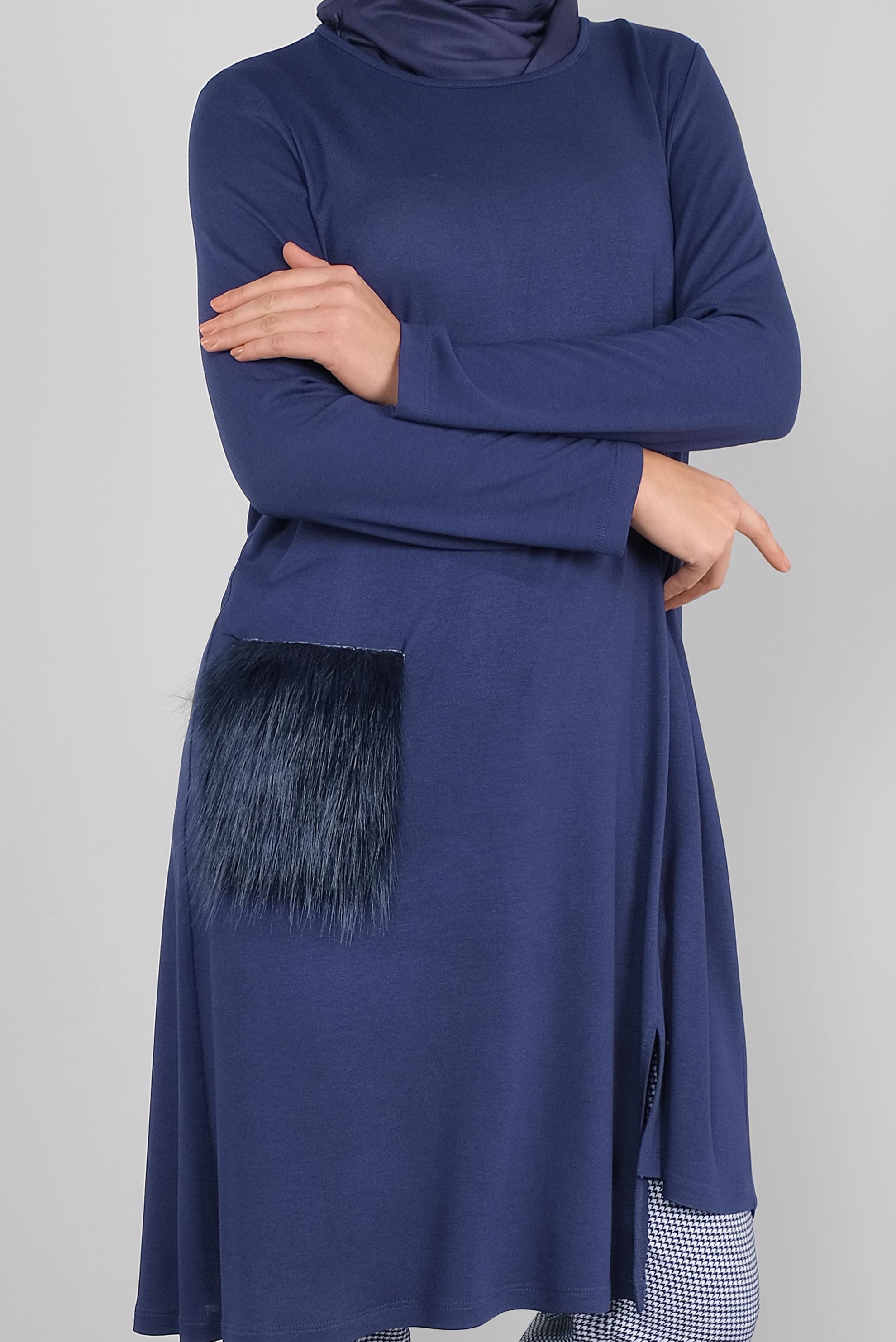 Tesettür giyim MAVİ CEPLERİ KÜRKLÜ TUNİK 41238