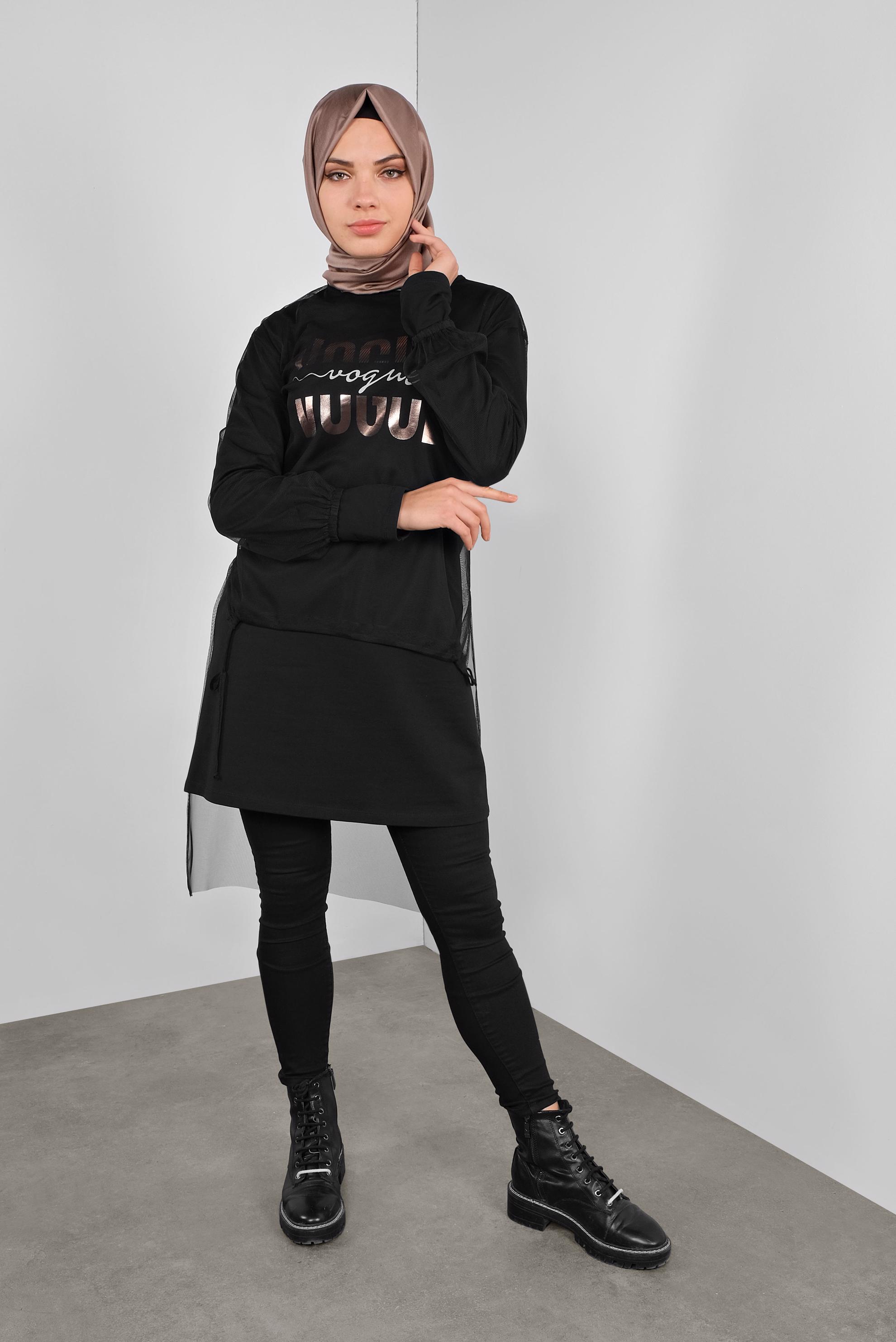 Tesettür giyim SİYAH TÜLLÜ YAZI BASKILI İKİLİ TUNİK 41239 