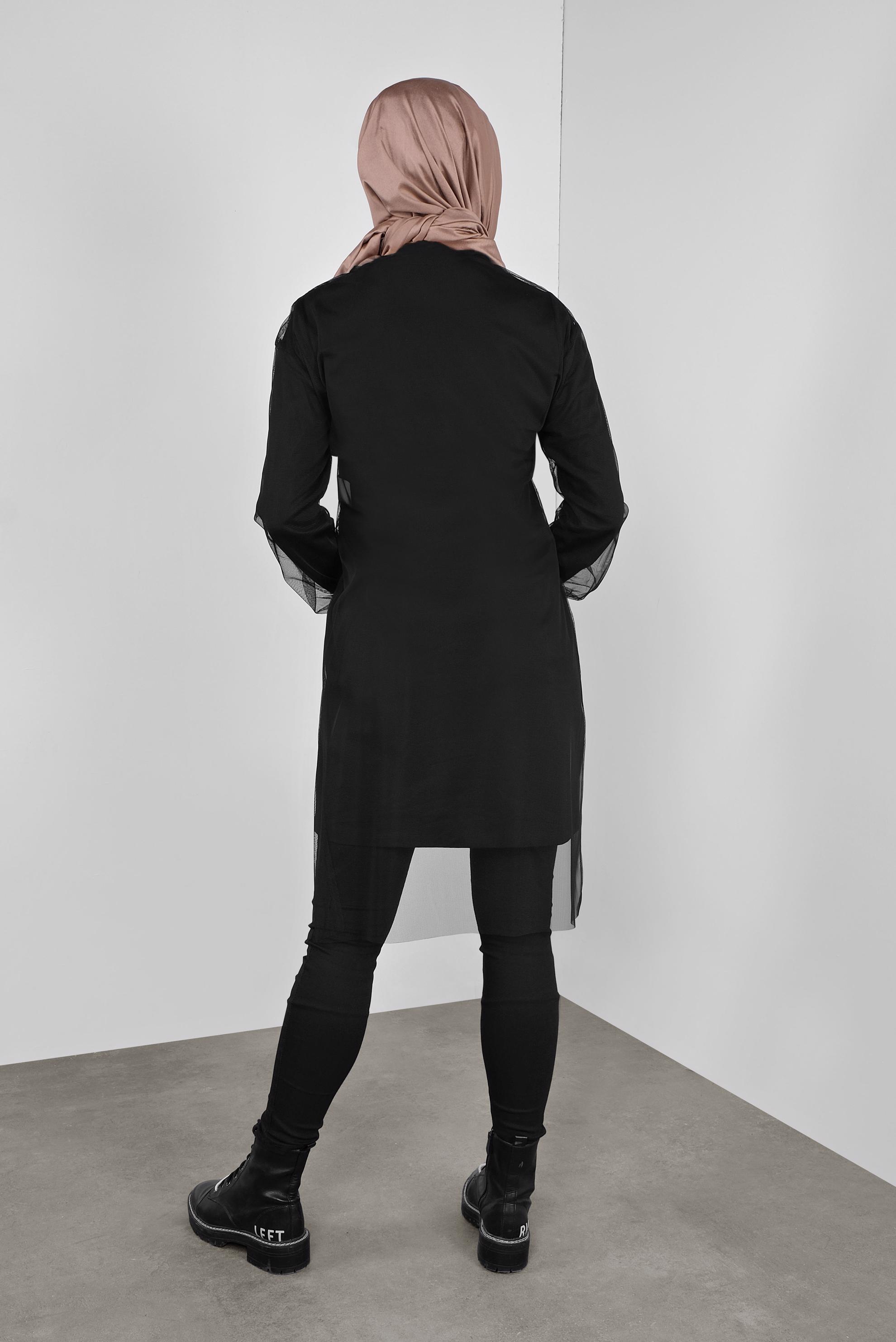 Tesettür giyim SİYAH TÜLLÜ YAZI BASKILI İKİLİ TUNİK 41239 