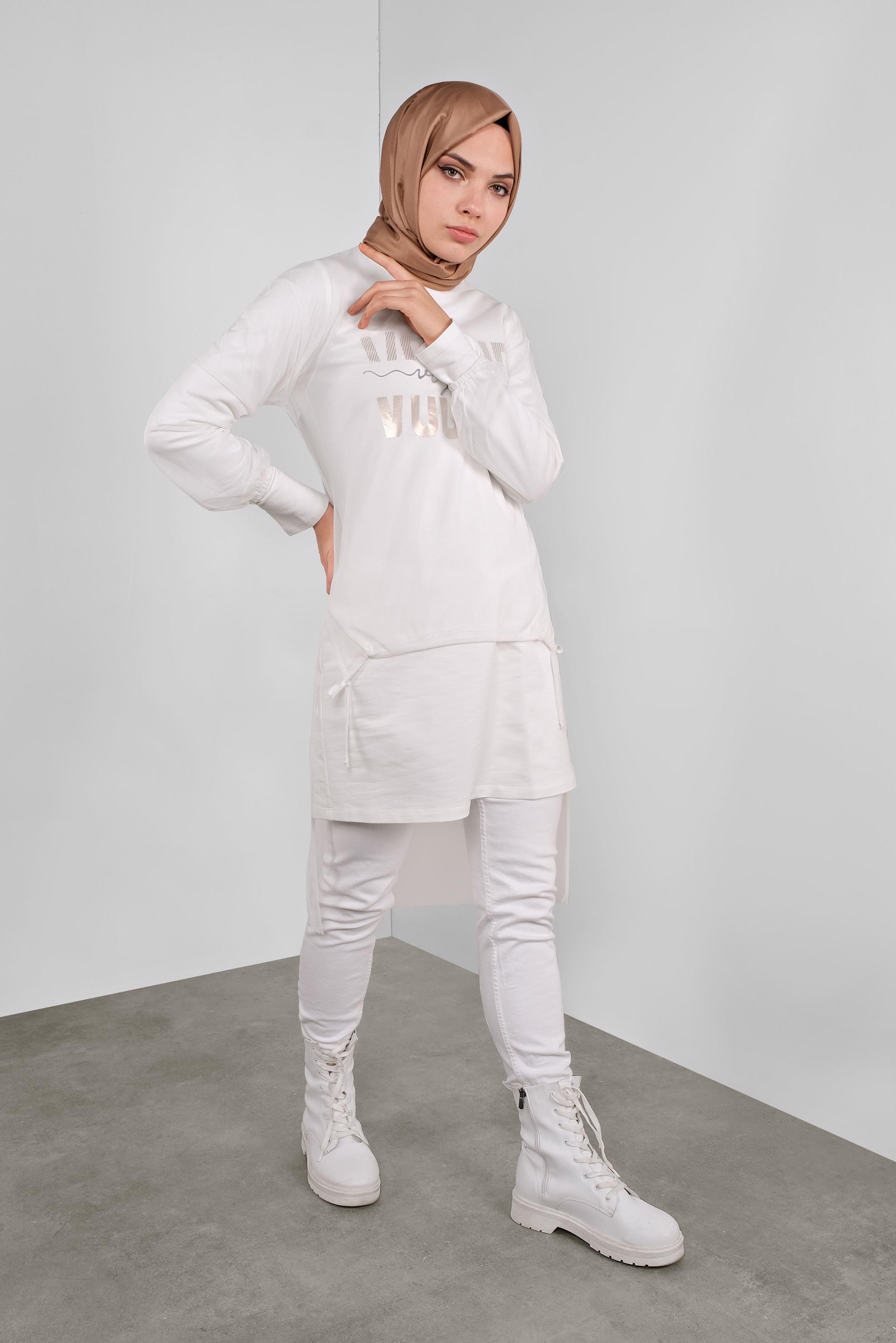 Tesettür giyim BEYAZ TÜLLÜ YAZI BASKILI İKİLİ TUNİK 41239 