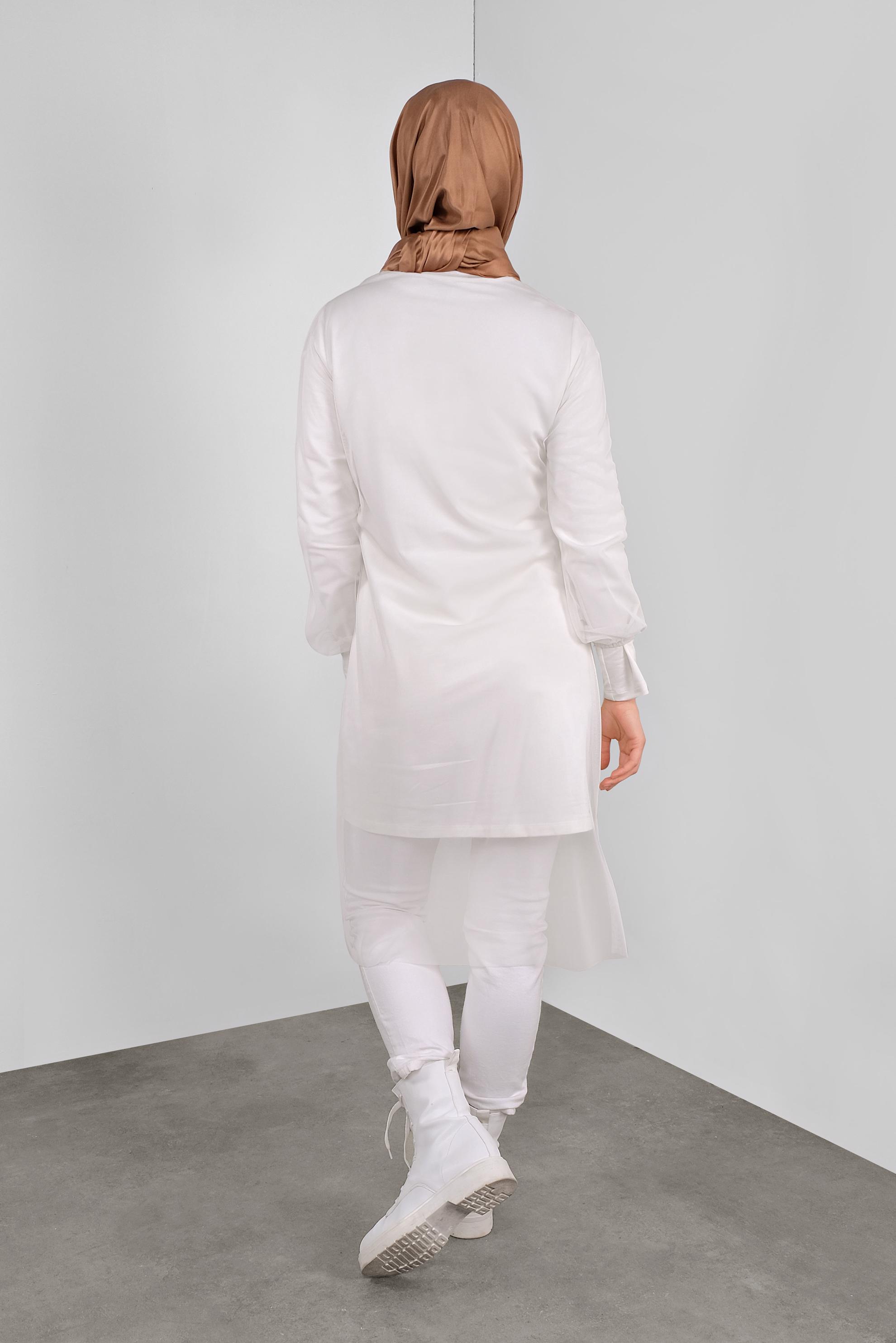 Tesettür giyim BEYAZ TÜLLÜ YAZI BASKILI İKİLİ TUNİK 41239 