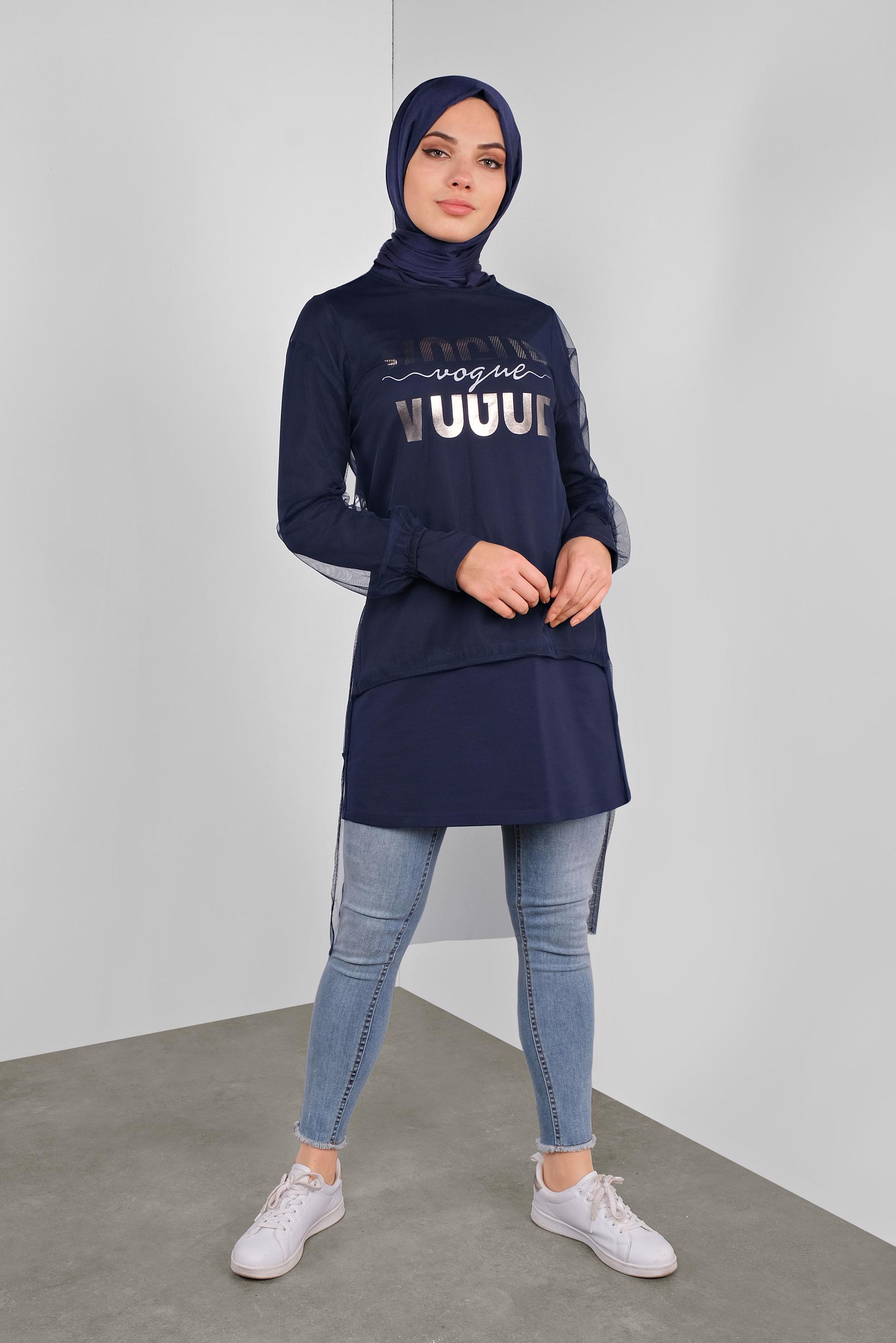 Tesettür giyim LACİVERT TÜLLÜ YAZI BASKILI İKİLİ TUNİK 41239 