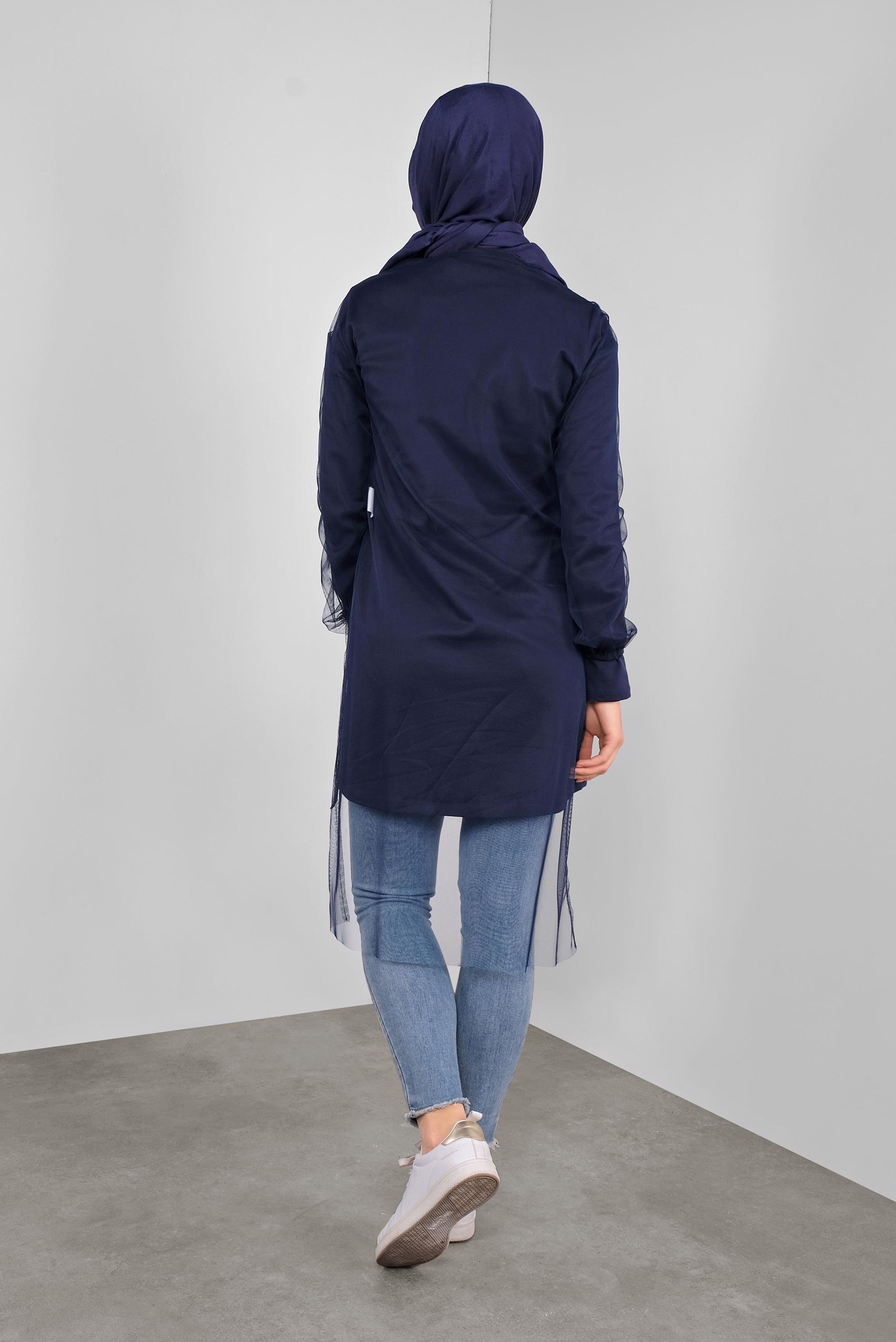 Tesettür giyim LACİVERT TÜLLÜ YAZI BASKILI İKİLİ TUNİK 41239 