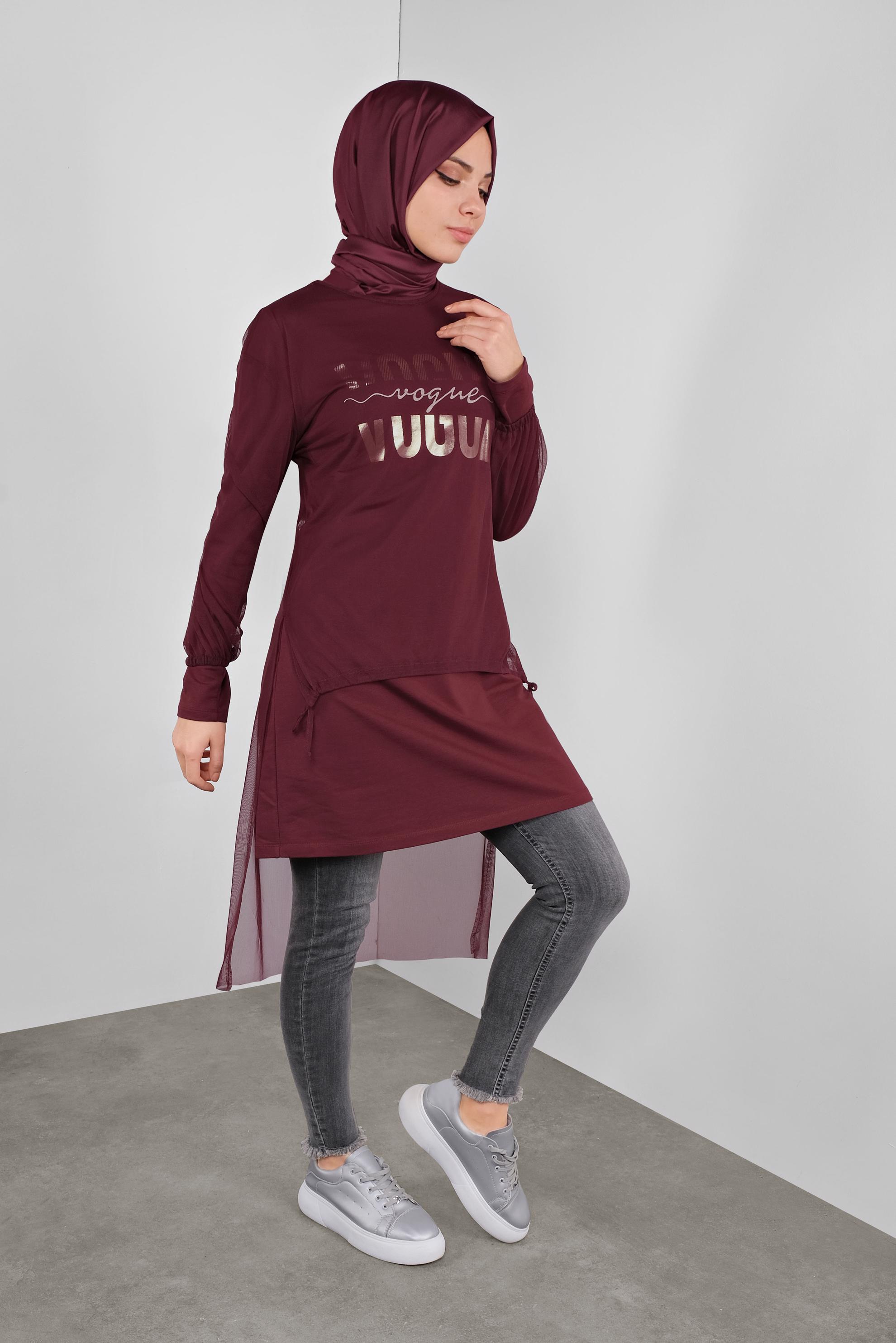 Tesettür giyim BORDO TÜLLÜ YAZI BASKILI İKİLİ TUNİK 41239 