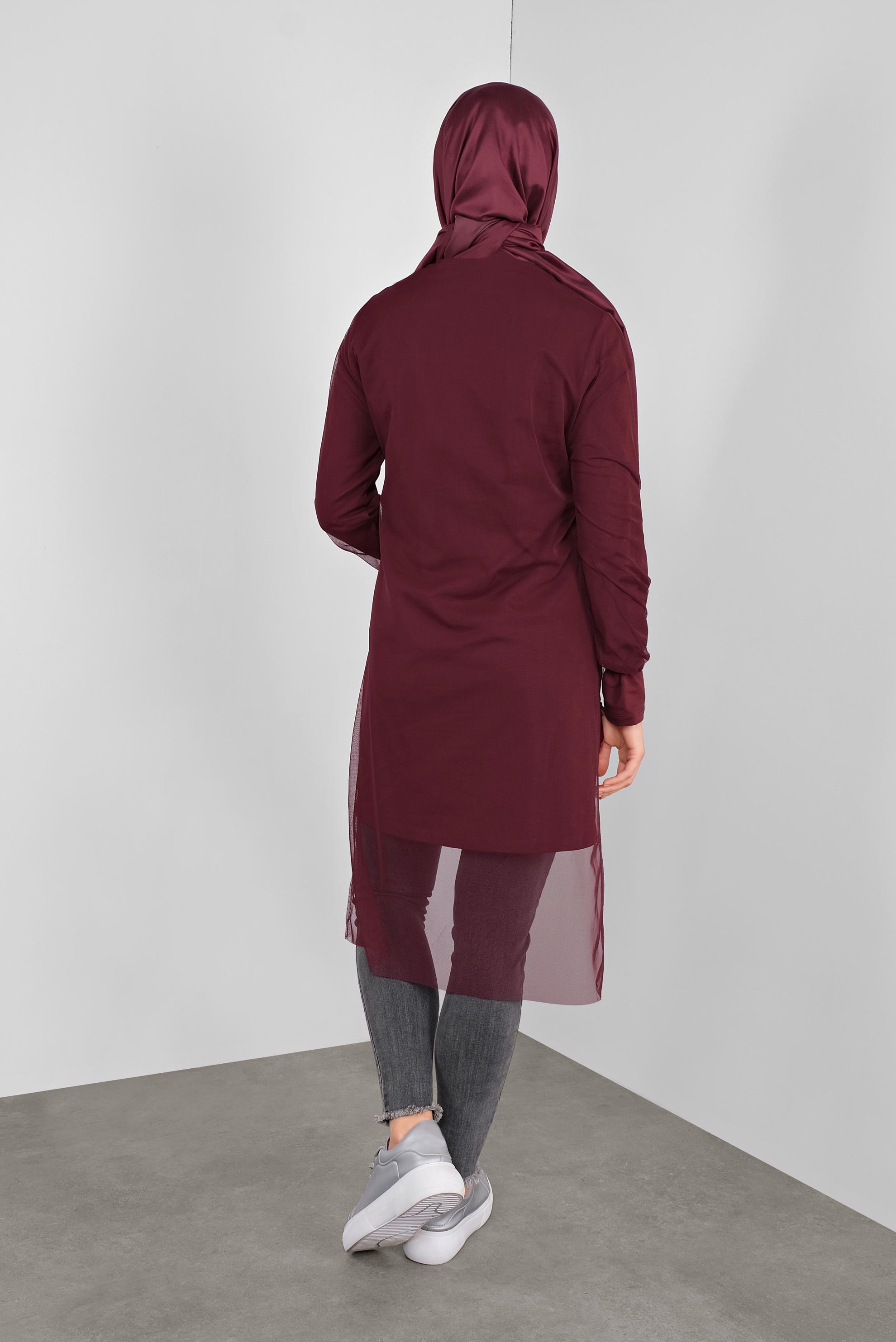 Tesettür giyim BORDO TÜLLÜ YAZI BASKILI İKİLİ TUNİK 41239 