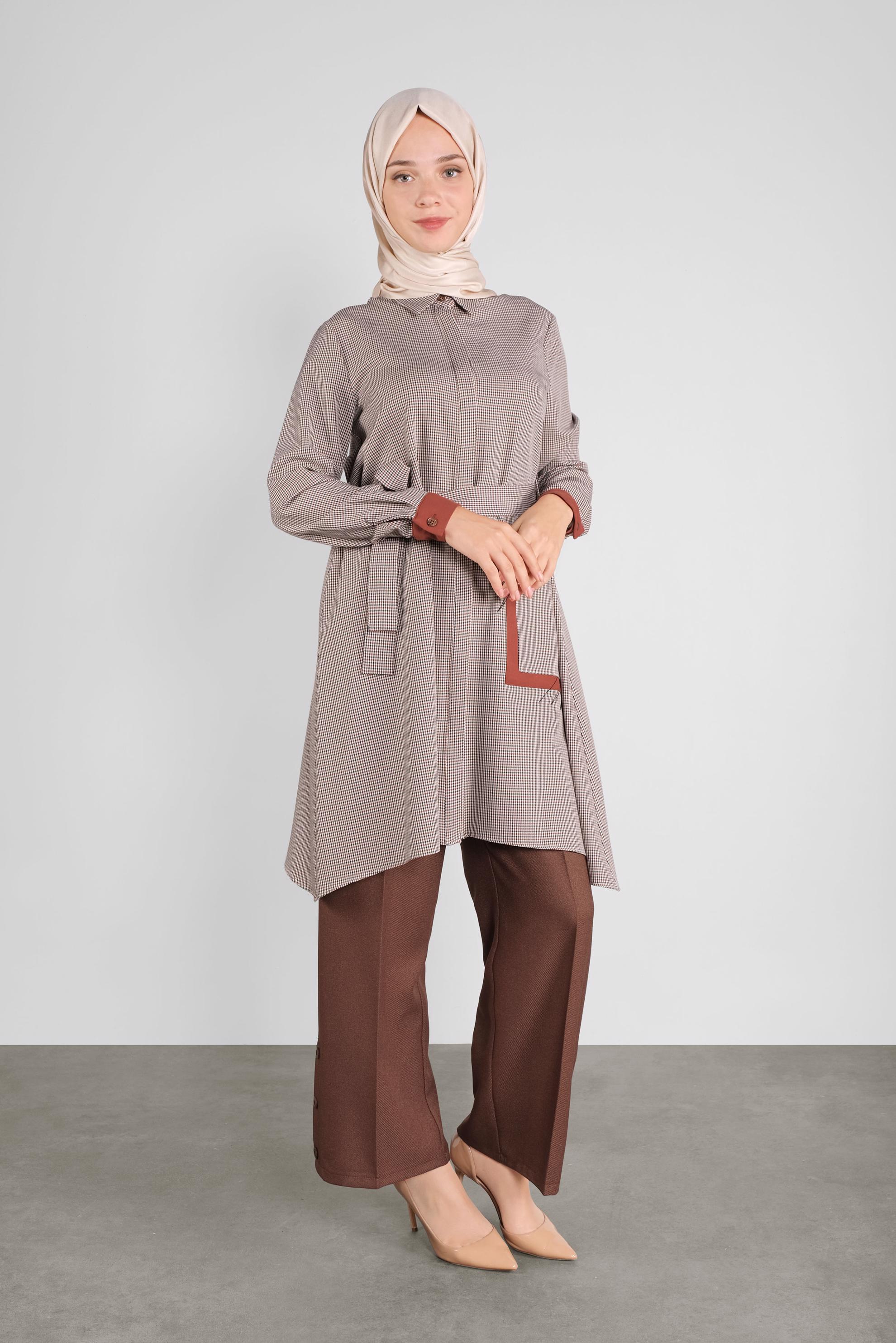 Tesettür giyim KIRMIZI EKOSE DÜĞMELİ TUNİK 41240 