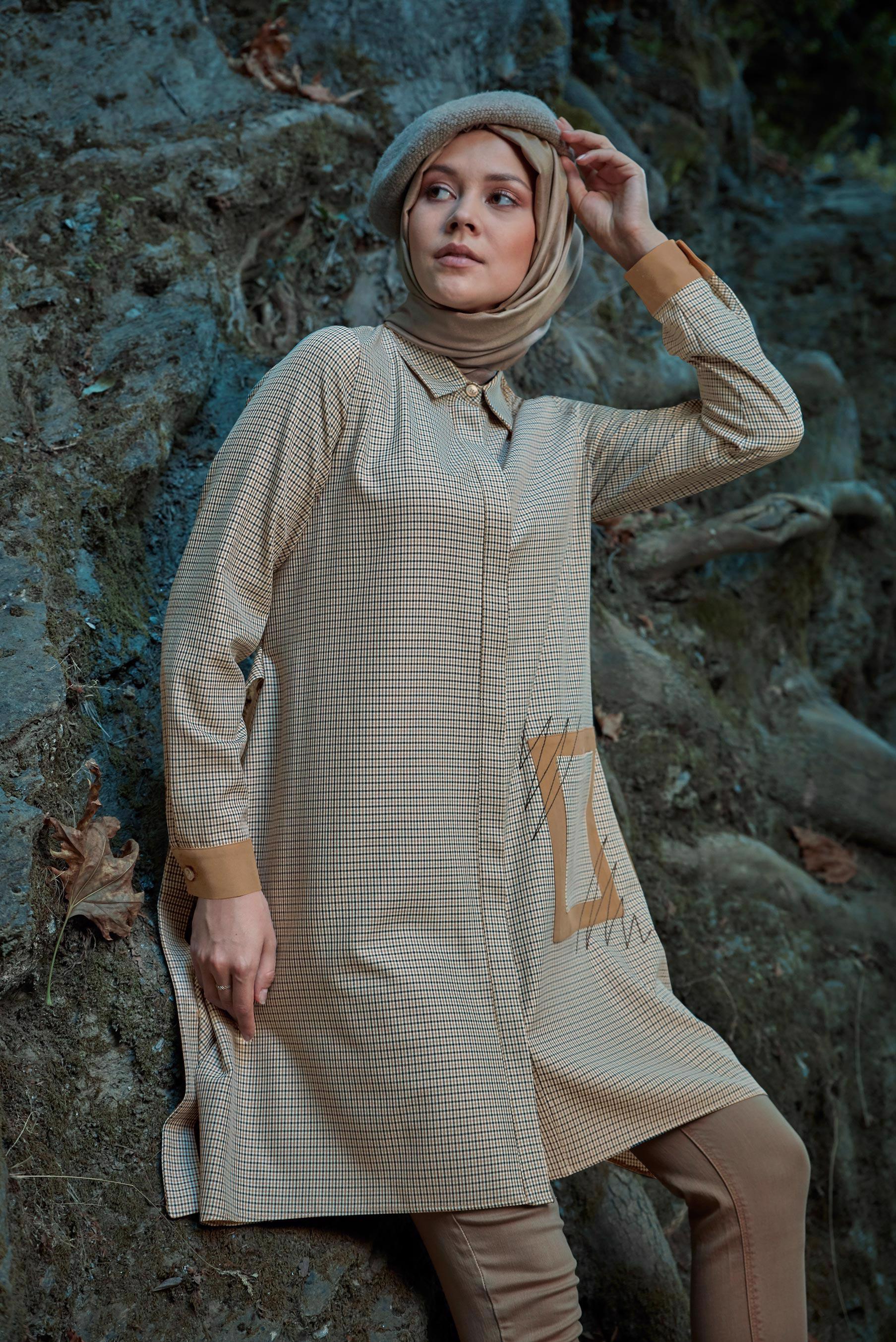 Tesettür giyim KAHVE EKOSE DÜĞMELİ TUNİK 41240 