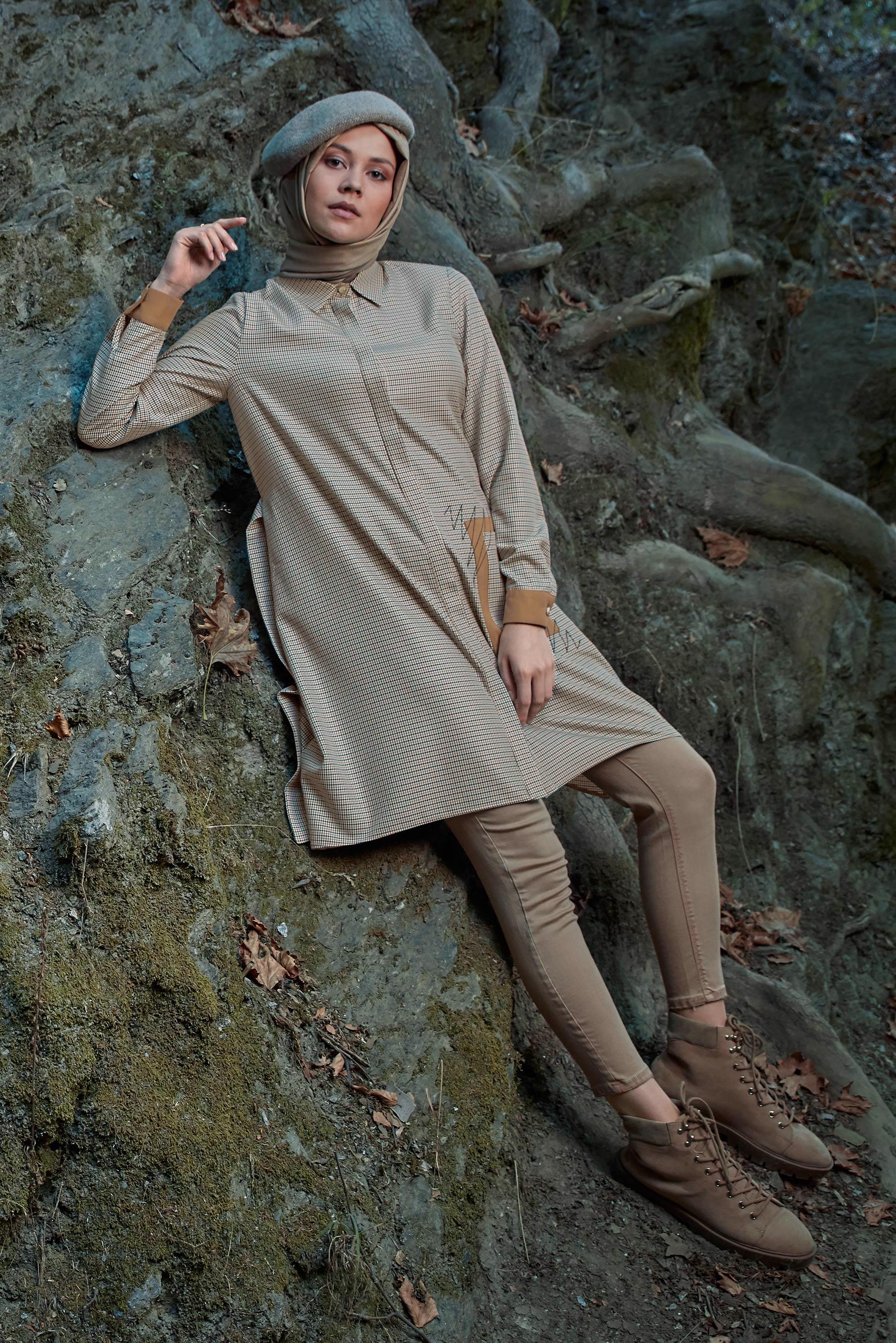 Tesettür giyim KAHVE EKOSE DÜĞMELİ TUNİK 41240 