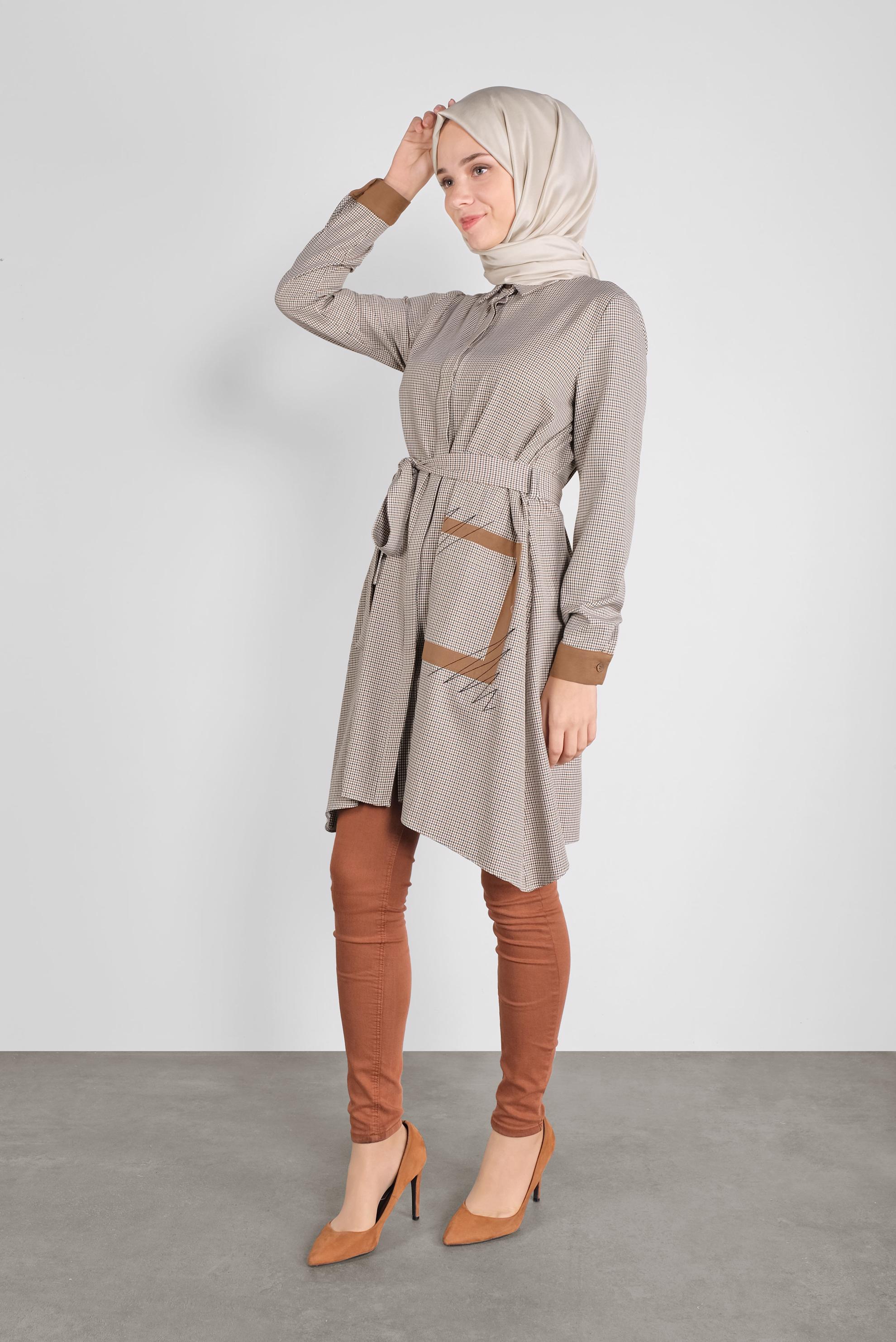 Tesettür giyim TURUNCU EKOSE DÜĞMELİ TUNİK 41240 