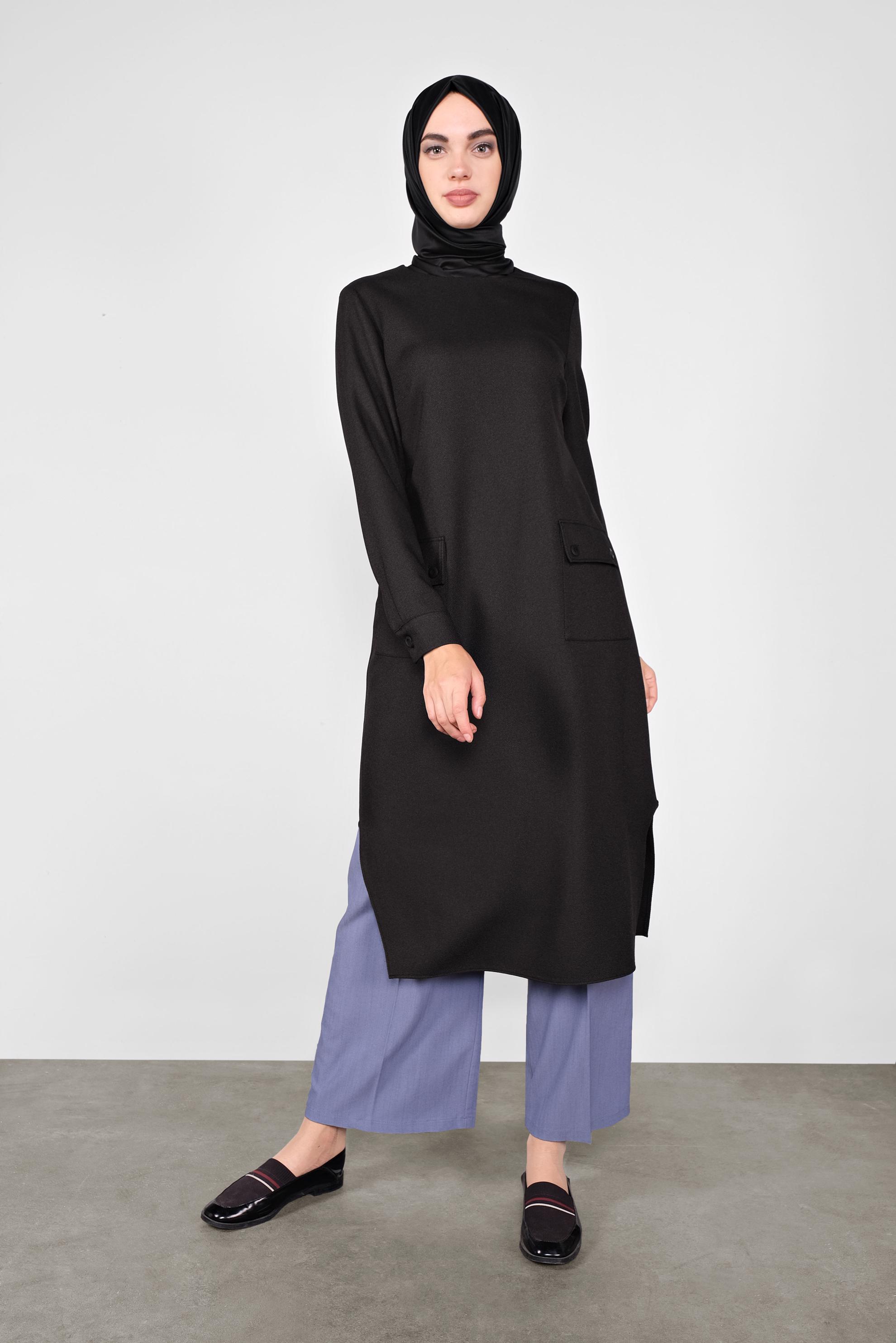 Tesettür giyim SİYAH DÜĞMELİ CEPLİ TUNİK  41255 