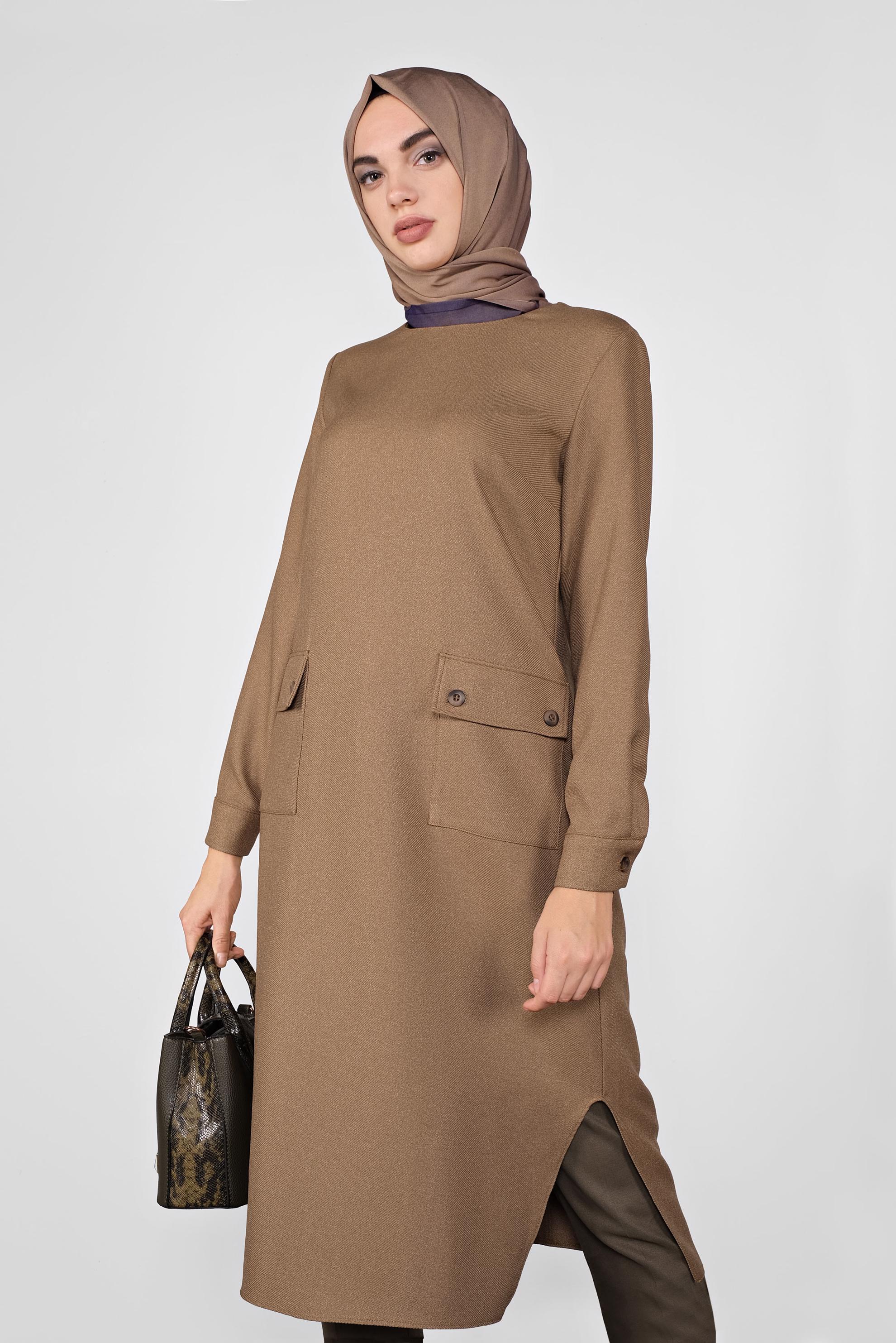 Tesettür giyim KAHVE DÜĞMELİ CEPLİ TUNİK  41255 
