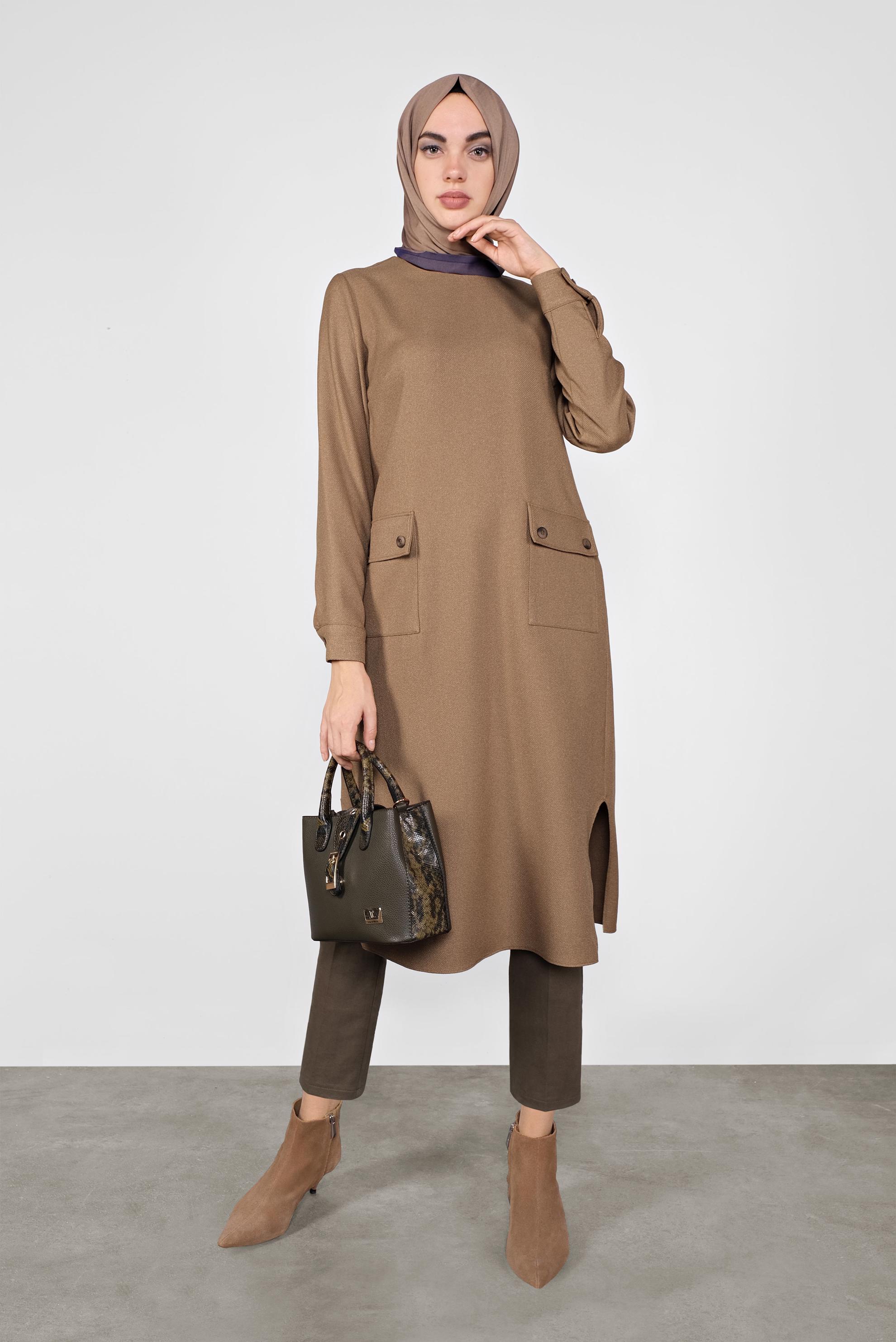 Tesettür giyim KAHVE DÜĞMELİ CEPLİ TUNİK  41255 