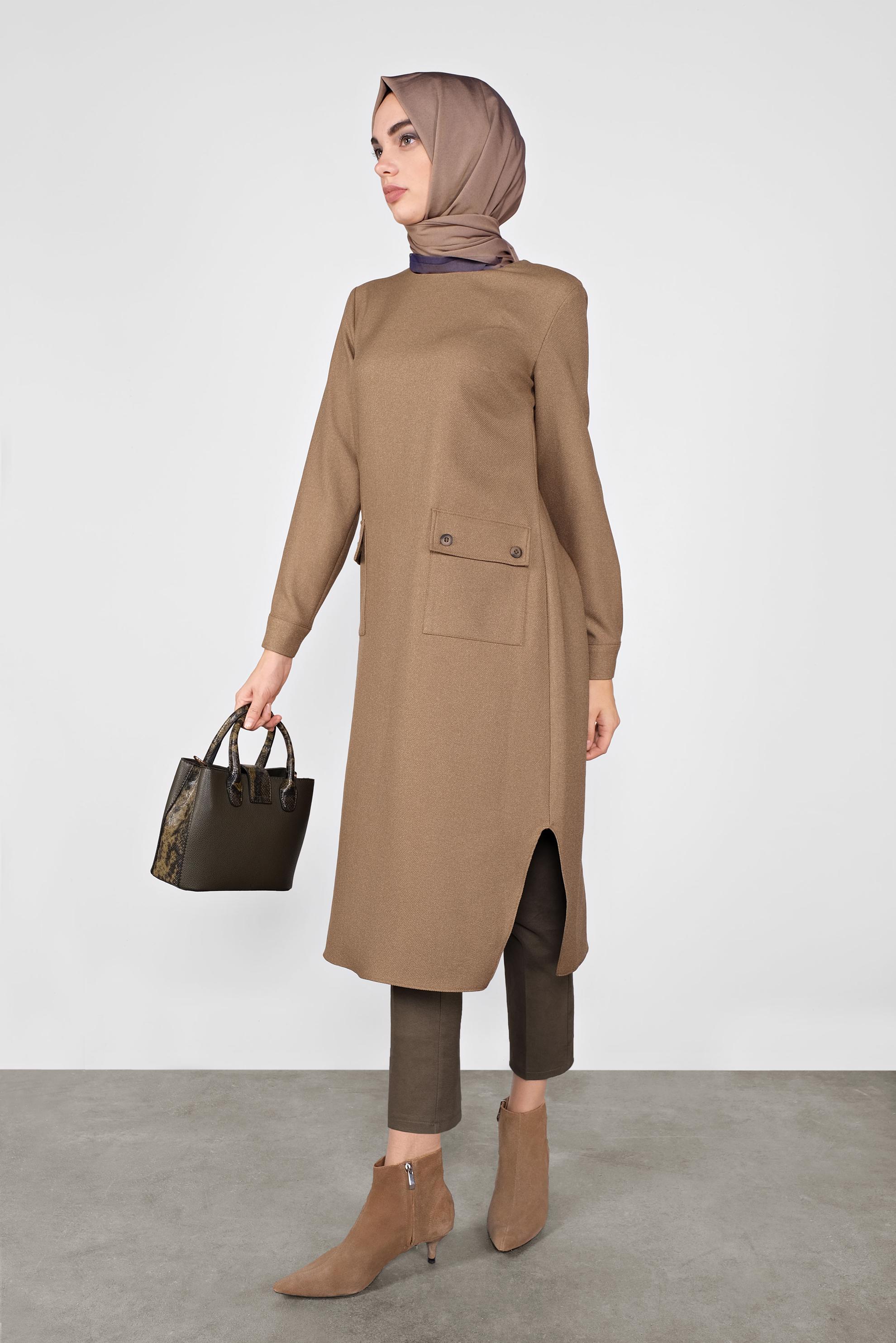 Tesettür giyim KAHVE DÜĞMELİ CEPLİ TUNİK  41255 