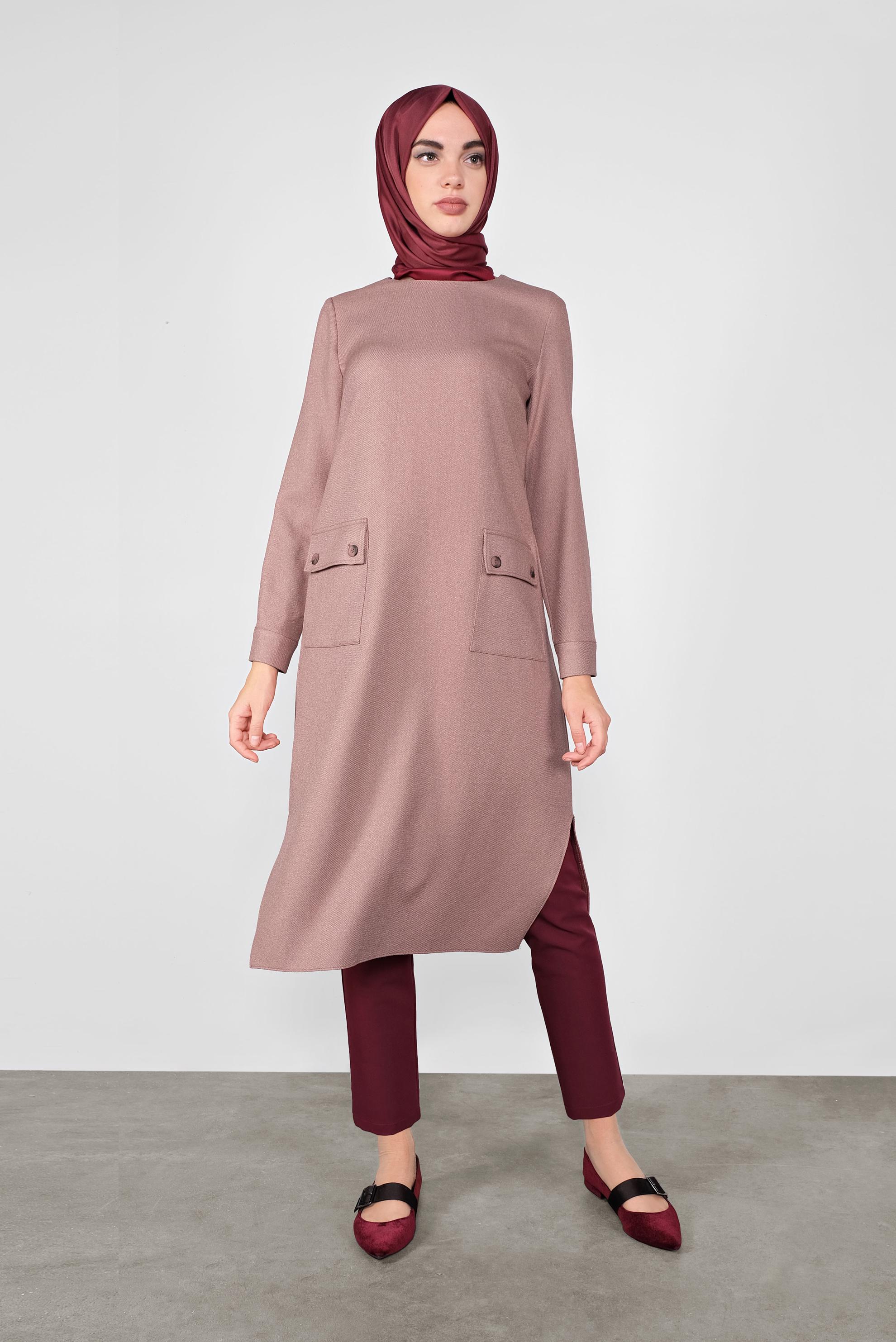 Tesettür giyim PUDRA DÜĞMELİ CEPLİ TUNİK  41255 
